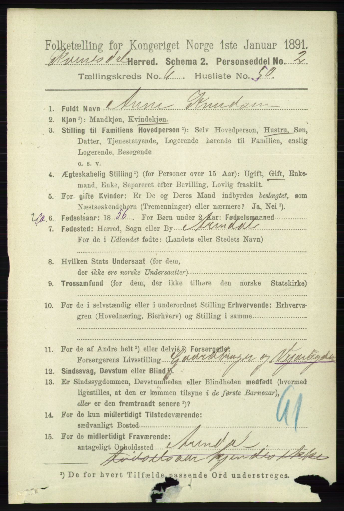 RA, 1891 census for 1037 Kvinesdal, 1891, p. 2373