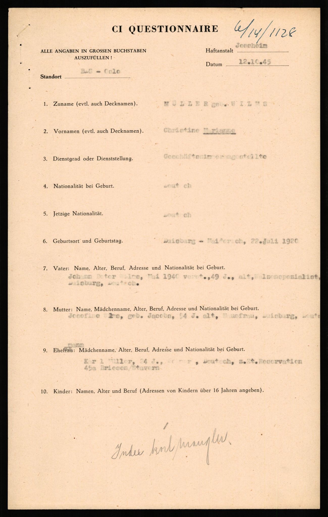 Forsvaret, Forsvarets overkommando II, AV/RA-RAFA-3915/D/Db/L0023: CI Questionaires. Tyske okkupasjonsstyrker i Norge. Tyskere., 1945-1946, p. 219