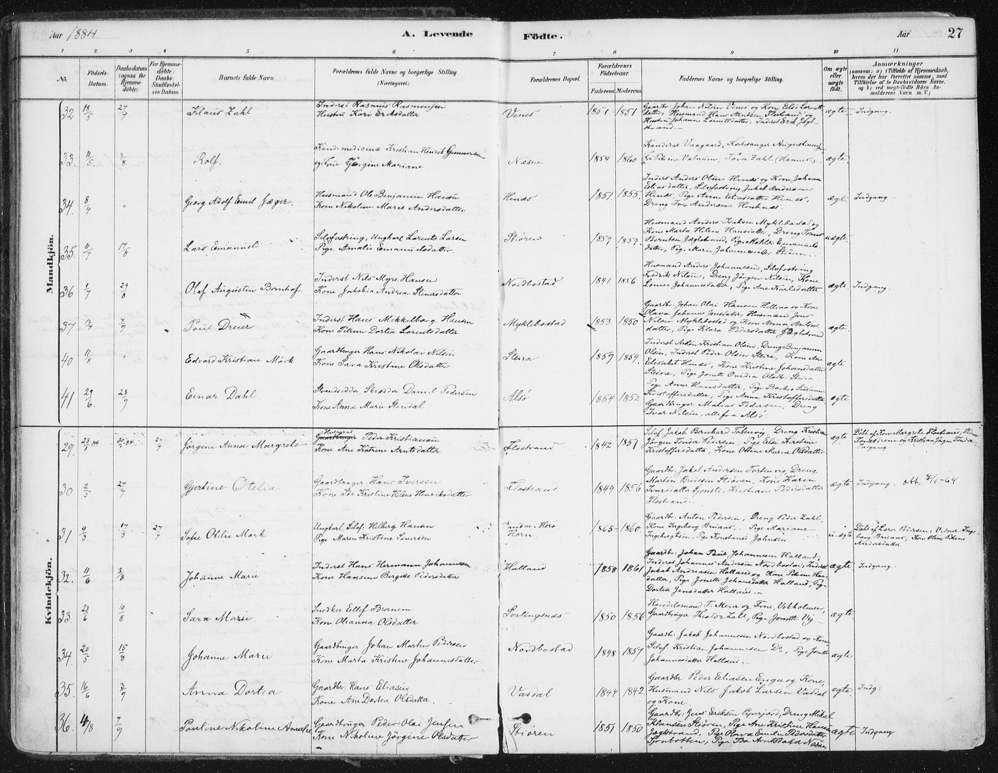 Ministerialprotokoller, klokkerbøker og fødselsregistre - Nordland, AV/SAT-A-1459/838/L0552: Parish register (official) no. 838A10, 1880-1910, p. 27