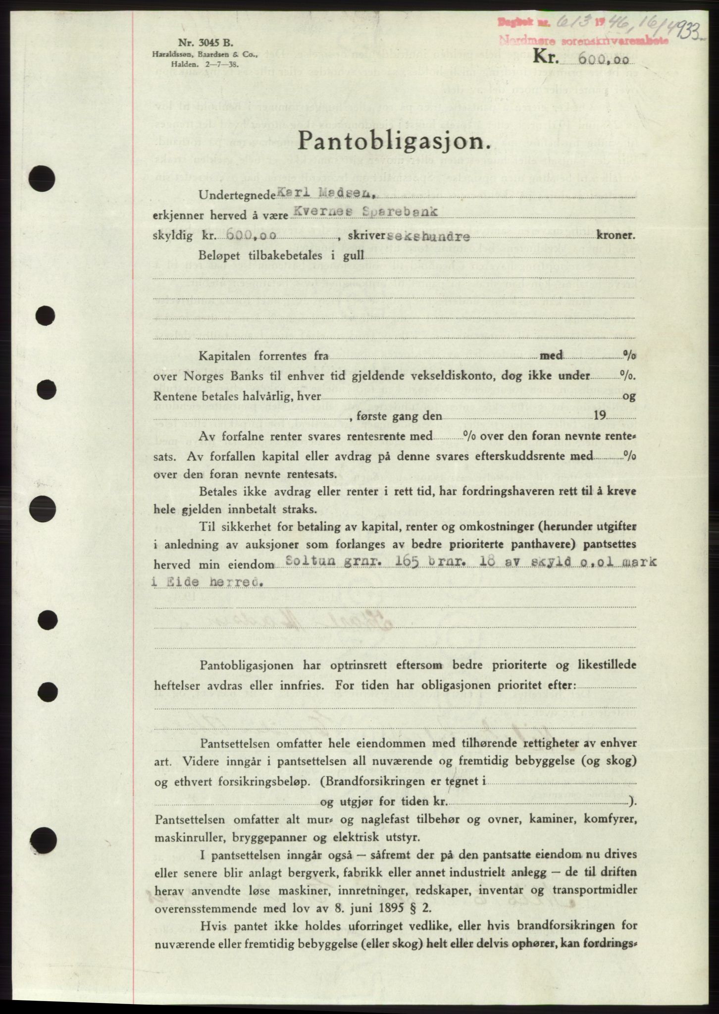 Nordmøre sorenskriveri, AV/SAT-A-4132/1/2/2Ca: Mortgage book no. B93b, 1946-1946, Diary no: : 613/1946