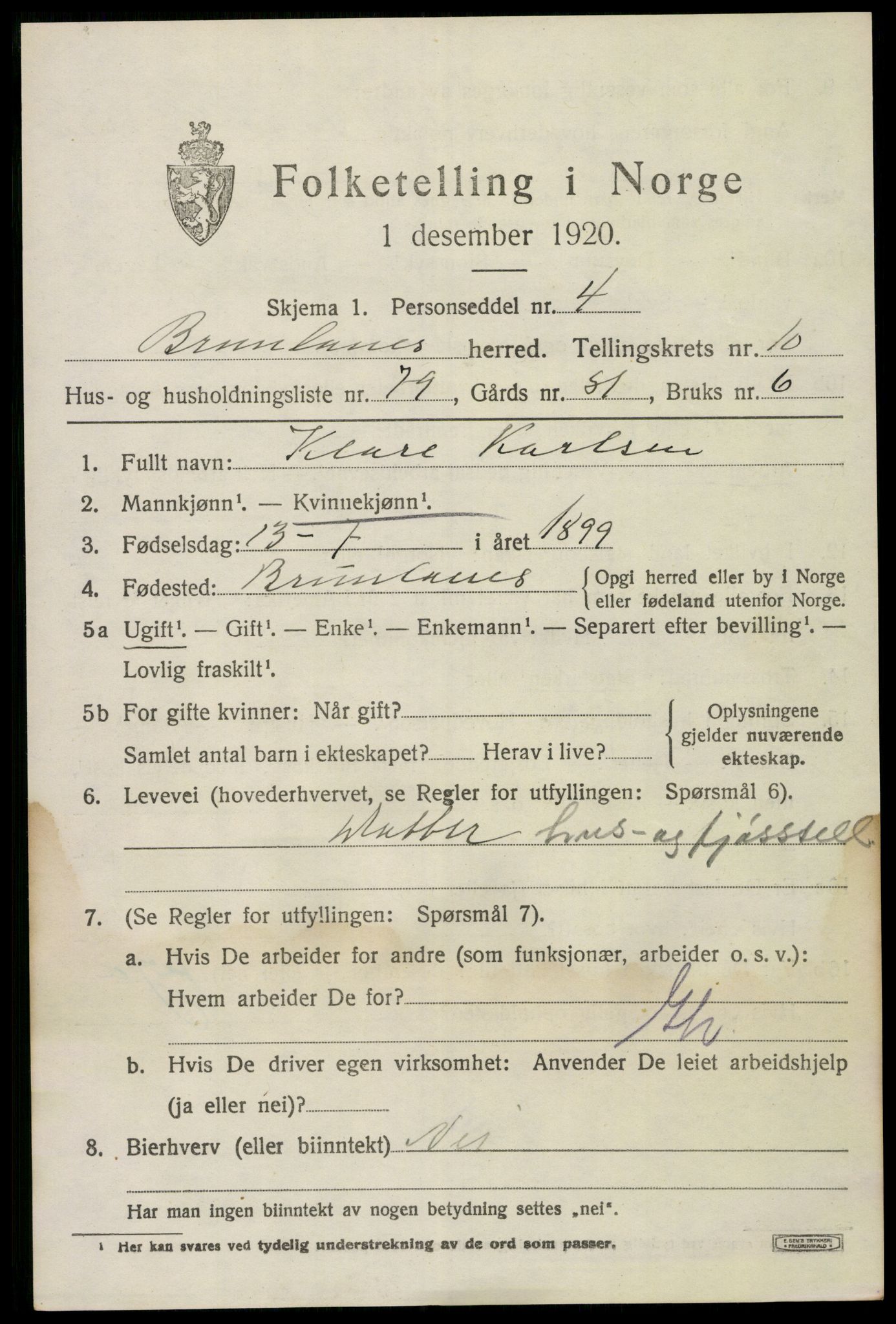 SAKO, 1920 census for Brunlanes, 1920, p. 9273