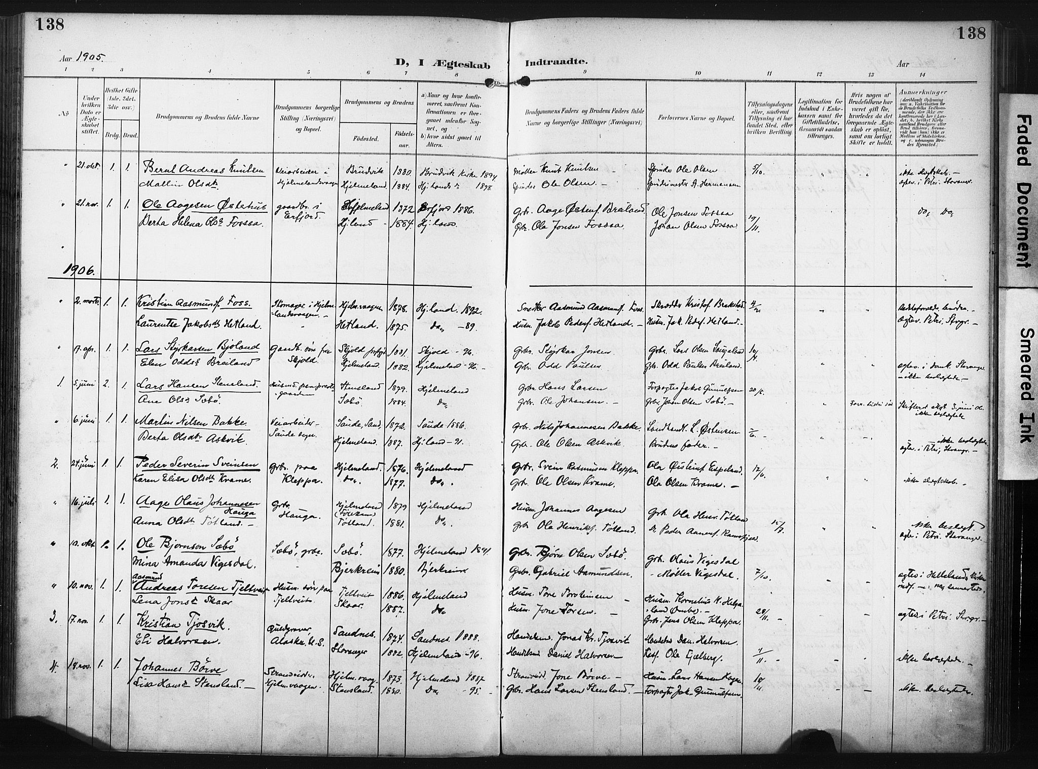 Hjelmeland sokneprestkontor, SAST/A-101843/02/A/L0002: Parish register (official) no. A 17, 1901-1916, p. 138