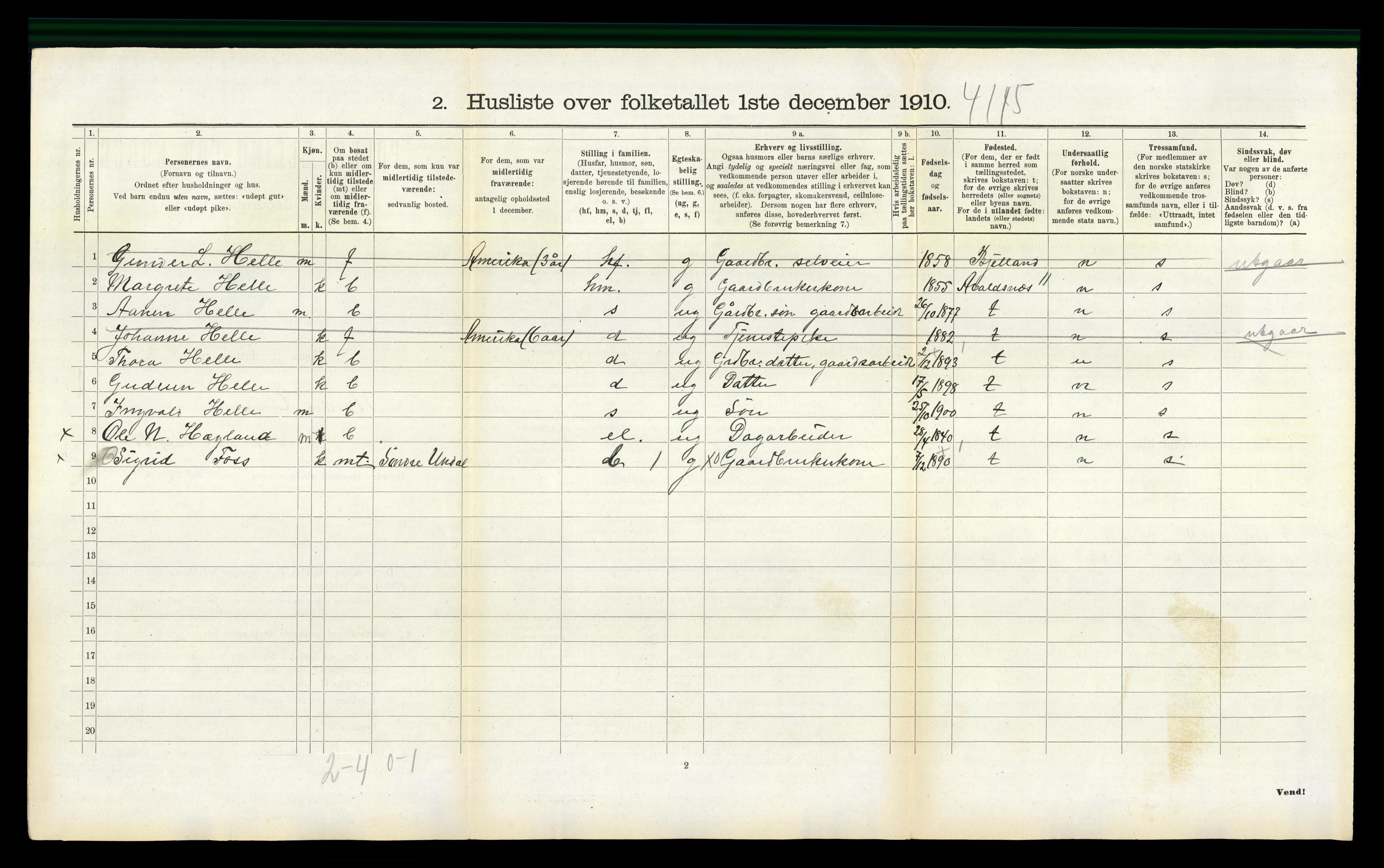 RA, 1910 census for Nord-Audnedal, 1910, p. 413