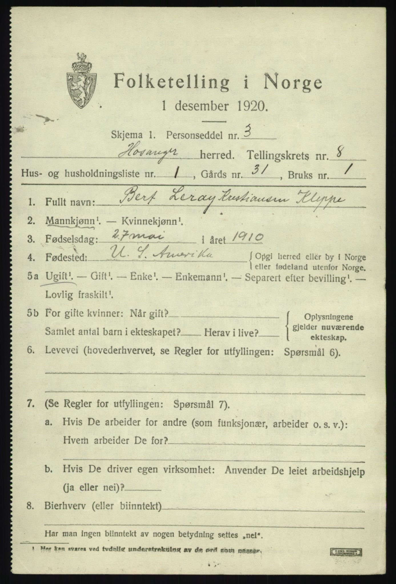 SAB, 1920 census for Hosanger, 1920, p. 3353