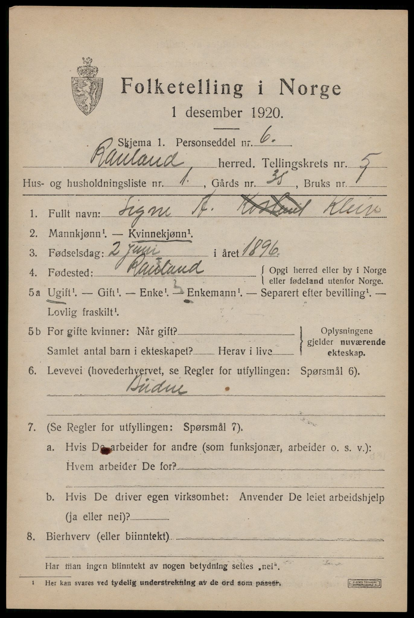 SAKO, 1920 census for Rauland, 1920, p. 1020