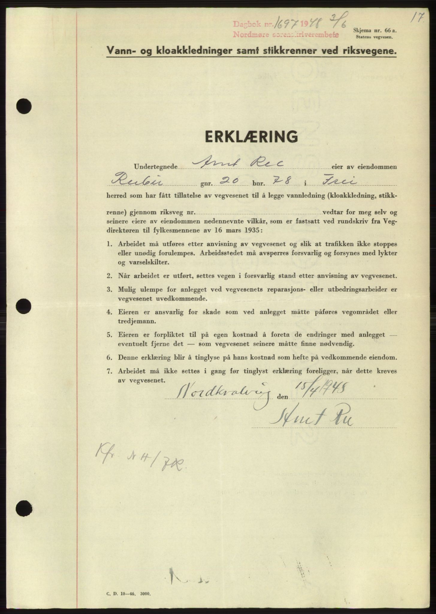 Nordmøre sorenskriveri, AV/SAT-A-4132/1/2/2Ca: Mortgage book no. B99, 1948-1948, Diary no: : 1697/1948