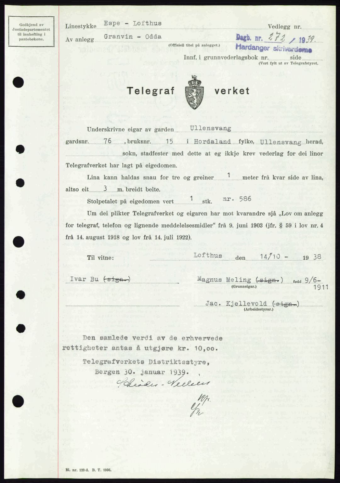 Hardanger sorenskriver, AV/SAB-A-2101/G/Ge/Gec/L0005: Mortgage book no. A5, 1939-1939, Diary no: : 272/1939