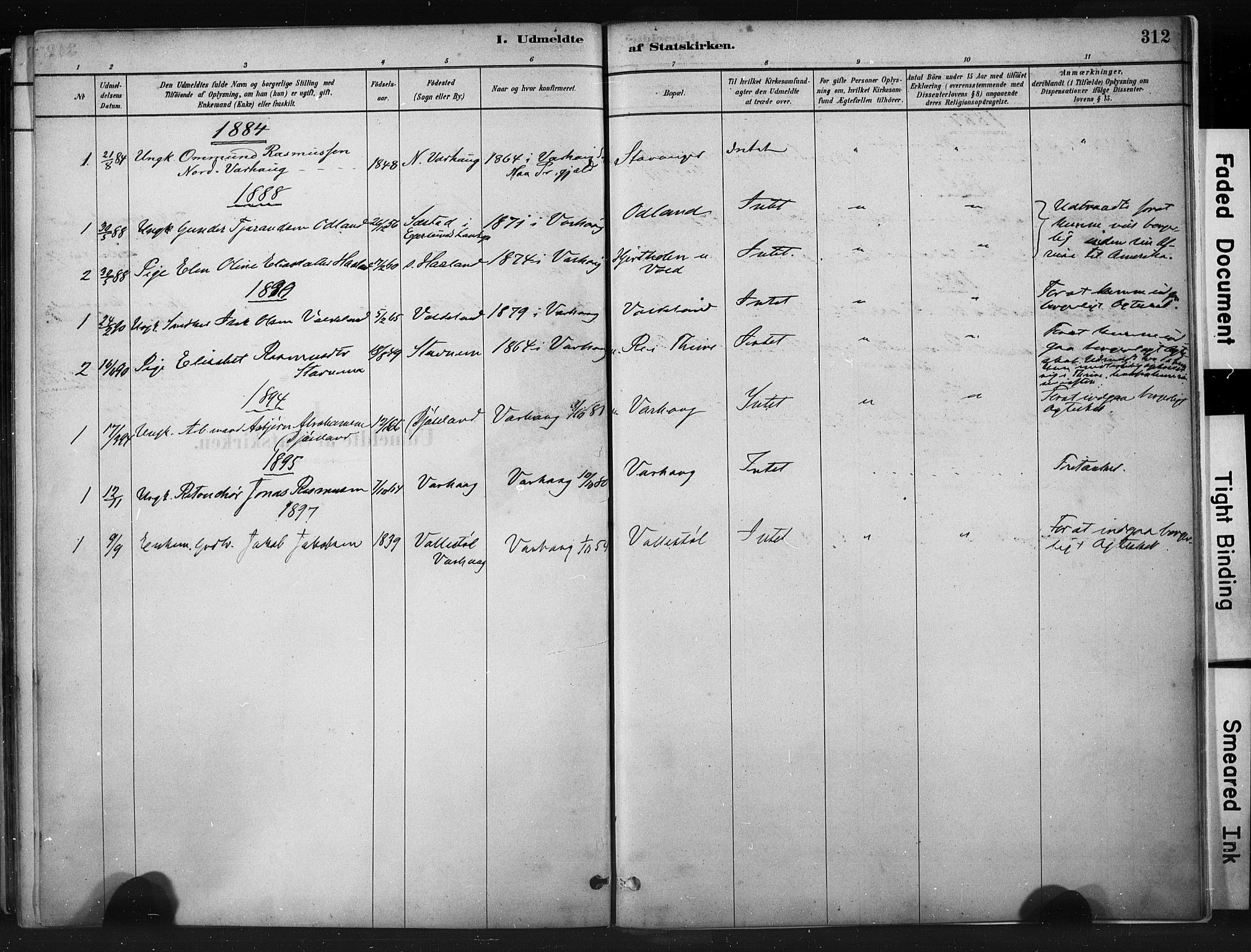 Hå sokneprestkontor, SAST/A-101801/001/30BA/L0011: Parish register (official) no. A 10, 1879-1900, p. 312