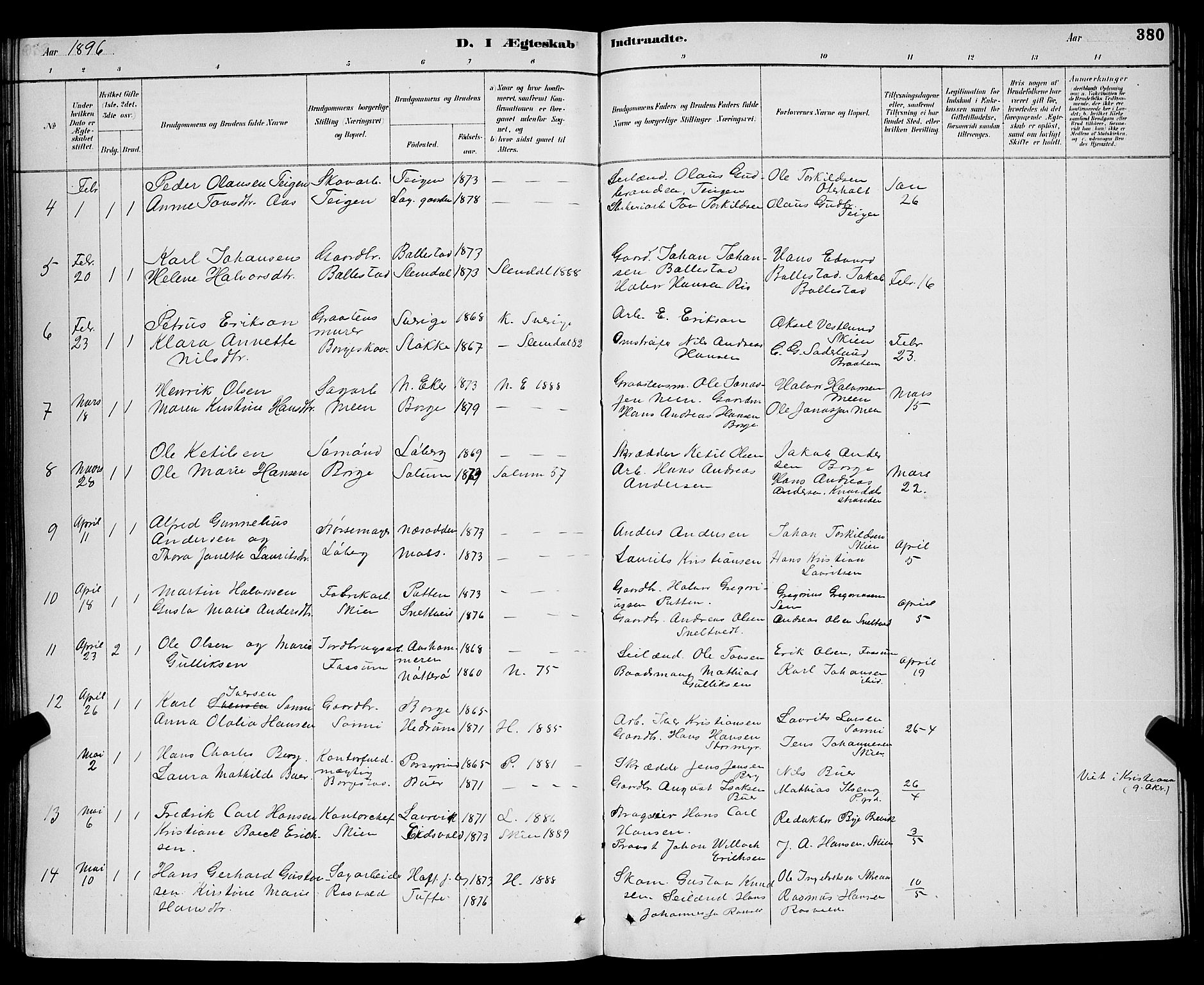 Gjerpen kirkebøker, SAKO/A-265/G/Ga/L0002: Parish register (copy) no. I 2, 1883-1900, p. 380