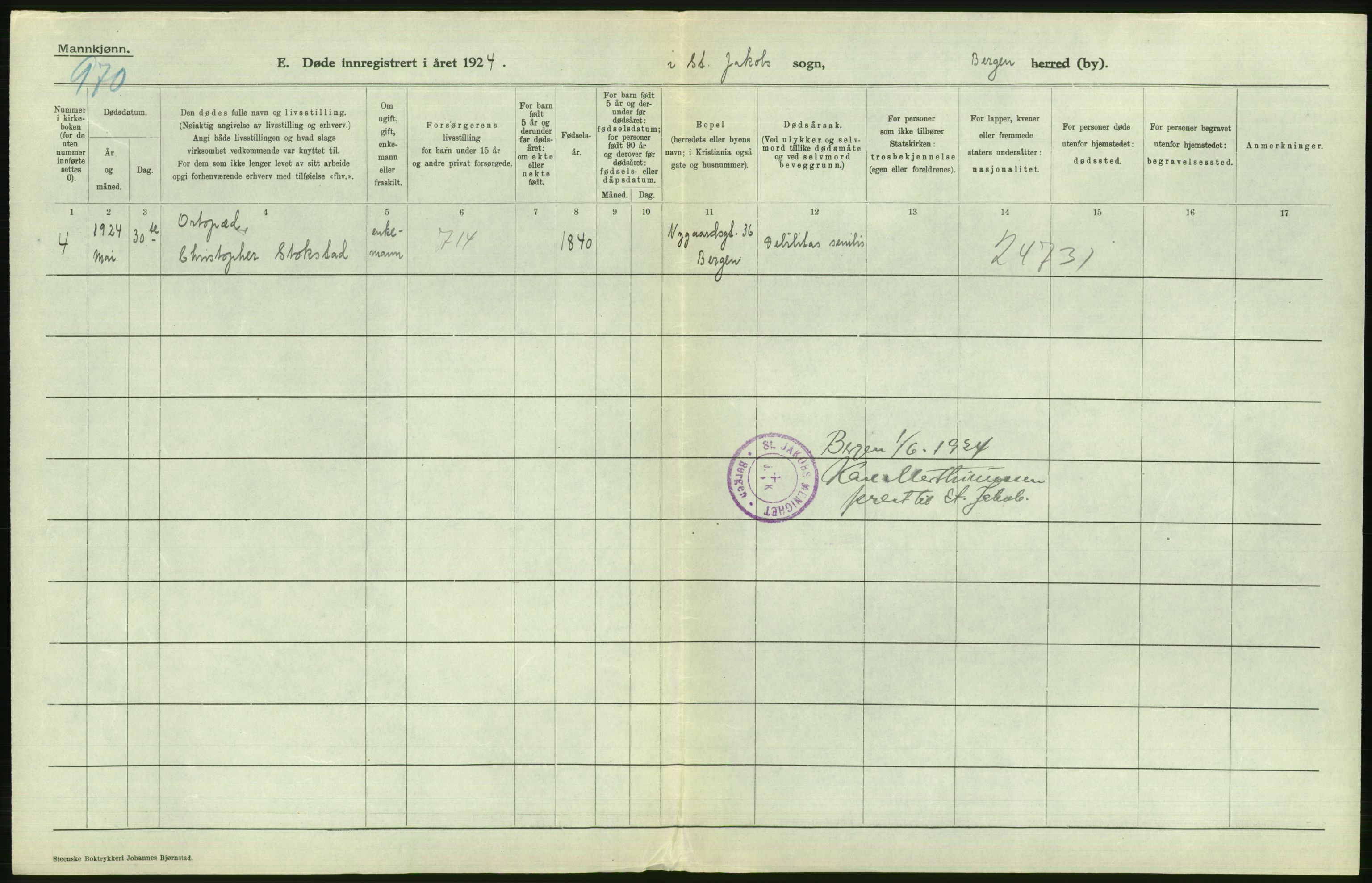 Statistisk sentralbyrå, Sosiodemografiske emner, Befolkning, AV/RA-S-2228/D/Df/Dfc/Dfcd/L0028: Bergen: Gifte, døde., 1924, p. 546