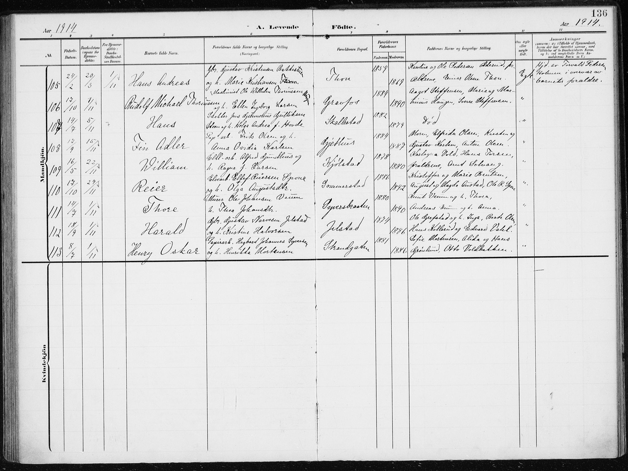 Modum kirkebøker, AV/SAKO-A-234/F/Fa/L0014a: Parish register (official) no. 14A, 1906-1918, p. 136