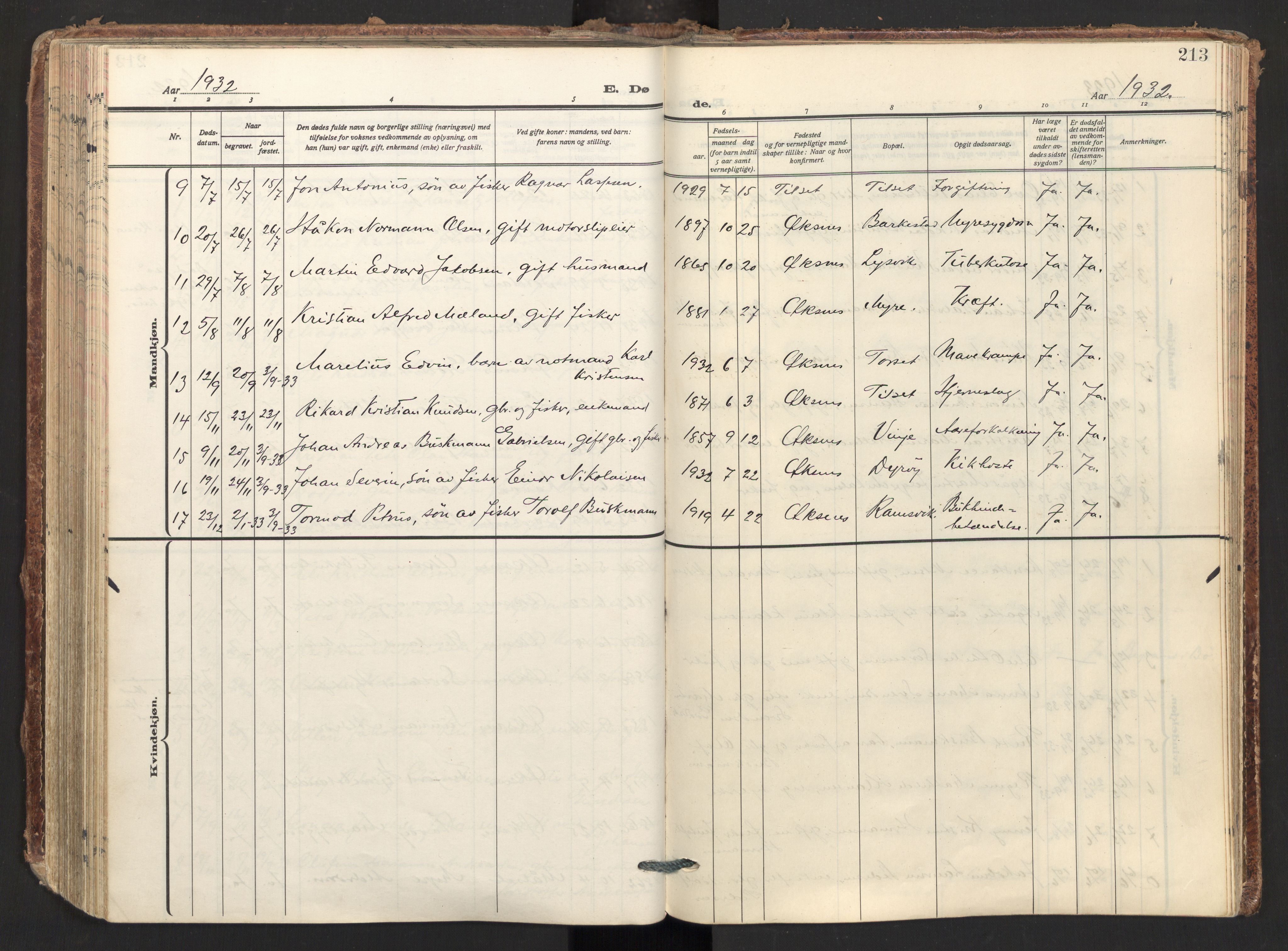 Ministerialprotokoller, klokkerbøker og fødselsregistre - Nordland, AV/SAT-A-1459/893/L1344: Parish register (official) no. 893A16, 1929-1946, p. 213