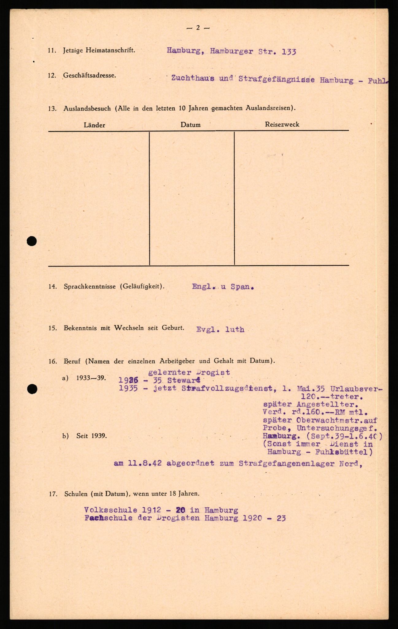 Forsvaret, Forsvarets overkommando II, RA/RAFA-3915/D/Db/L0035: CI Questionaires. Tyske okkupasjonsstyrker i Norge. Tyskere., 1945-1946, p. 93