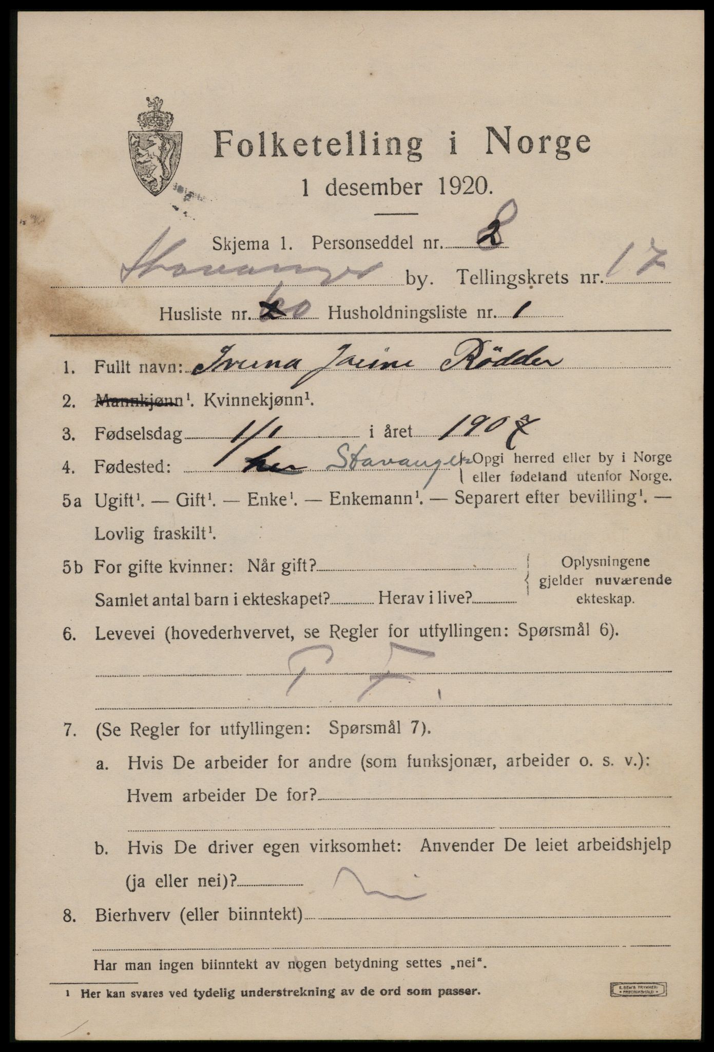 SAST, 1920 census for Stavanger, 1920, p. 66080