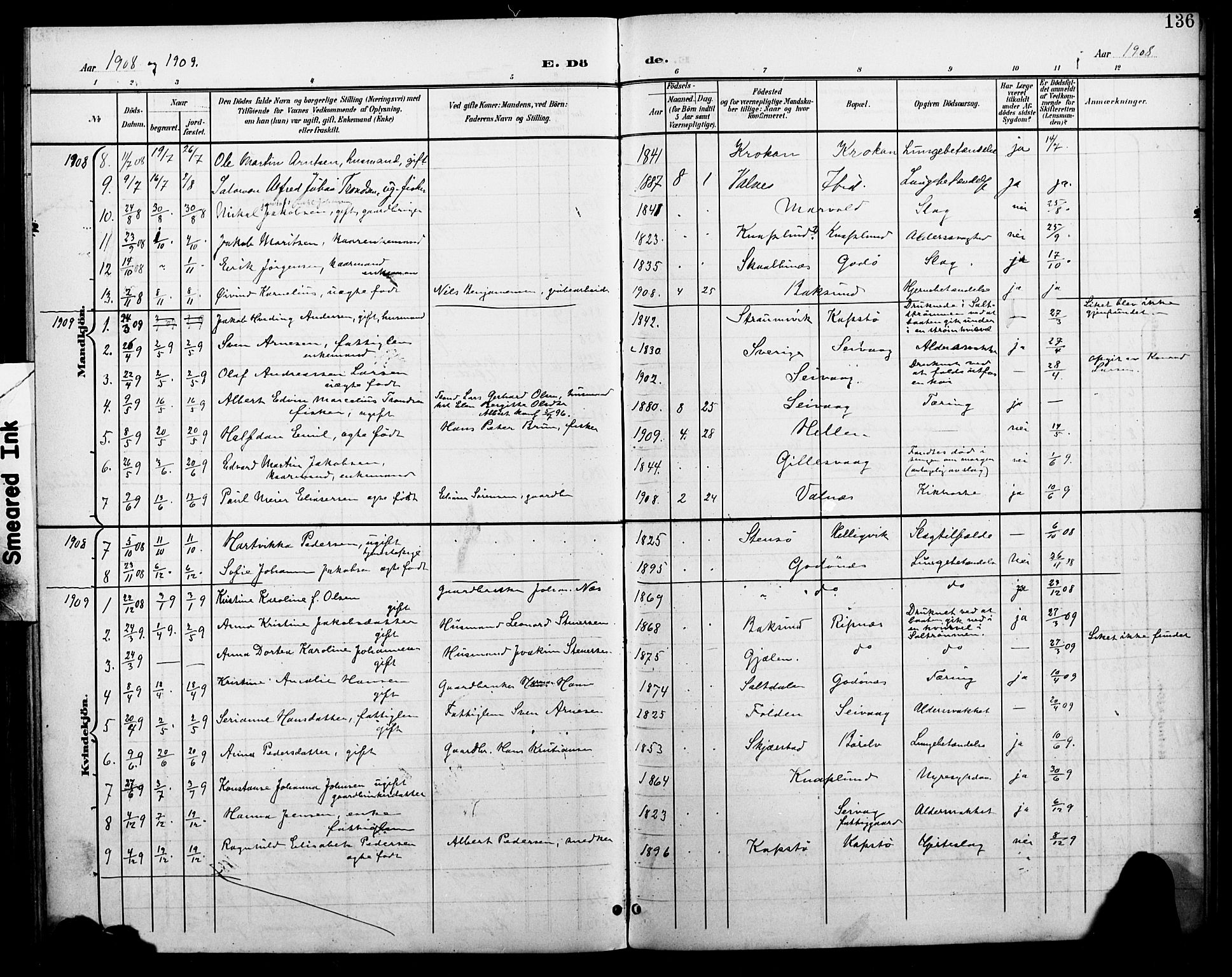 Ministerialprotokoller, klokkerbøker og fødselsregistre - Nordland, AV/SAT-A-1459/804/L0088: Parish register (copy) no. 804C01, 1901-1917, p. 136