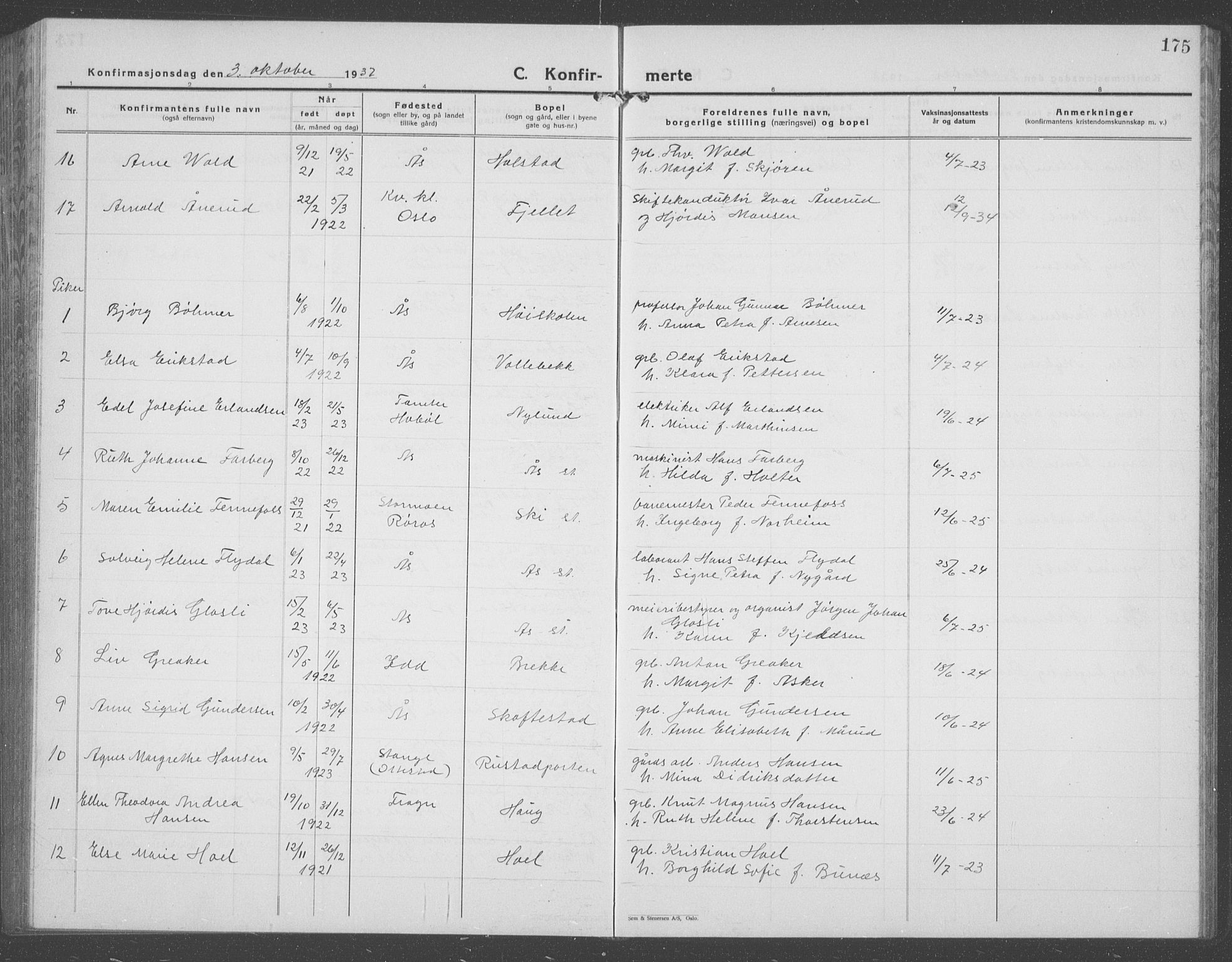 Ås prestekontor Kirkebøker, AV/SAO-A-10894/G/Ga/L0006: Parish register (copy) no. I 6, 1925-1940, p. 175