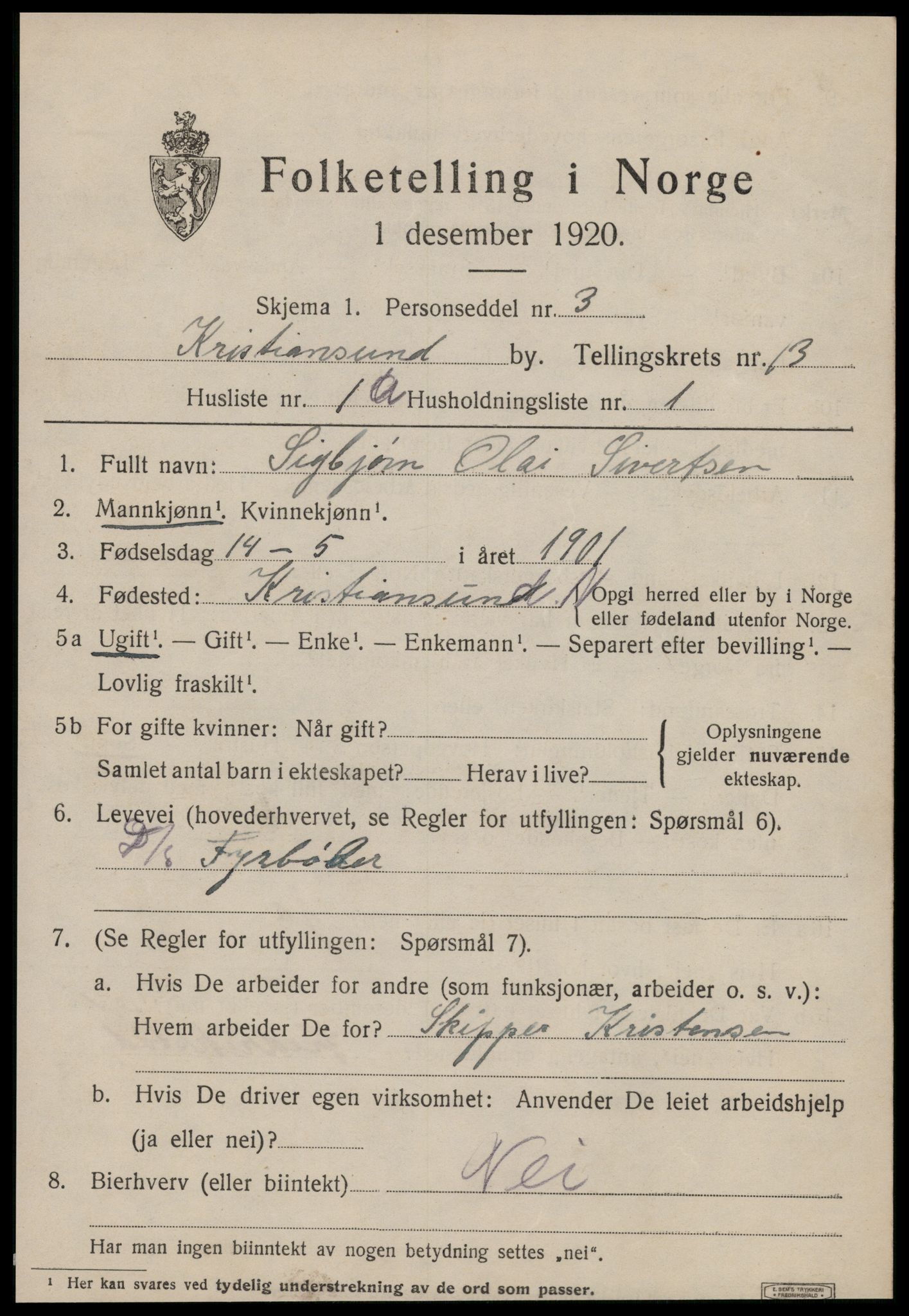 SAT, 1920 census for Kristiansund, 1920, p. 26433