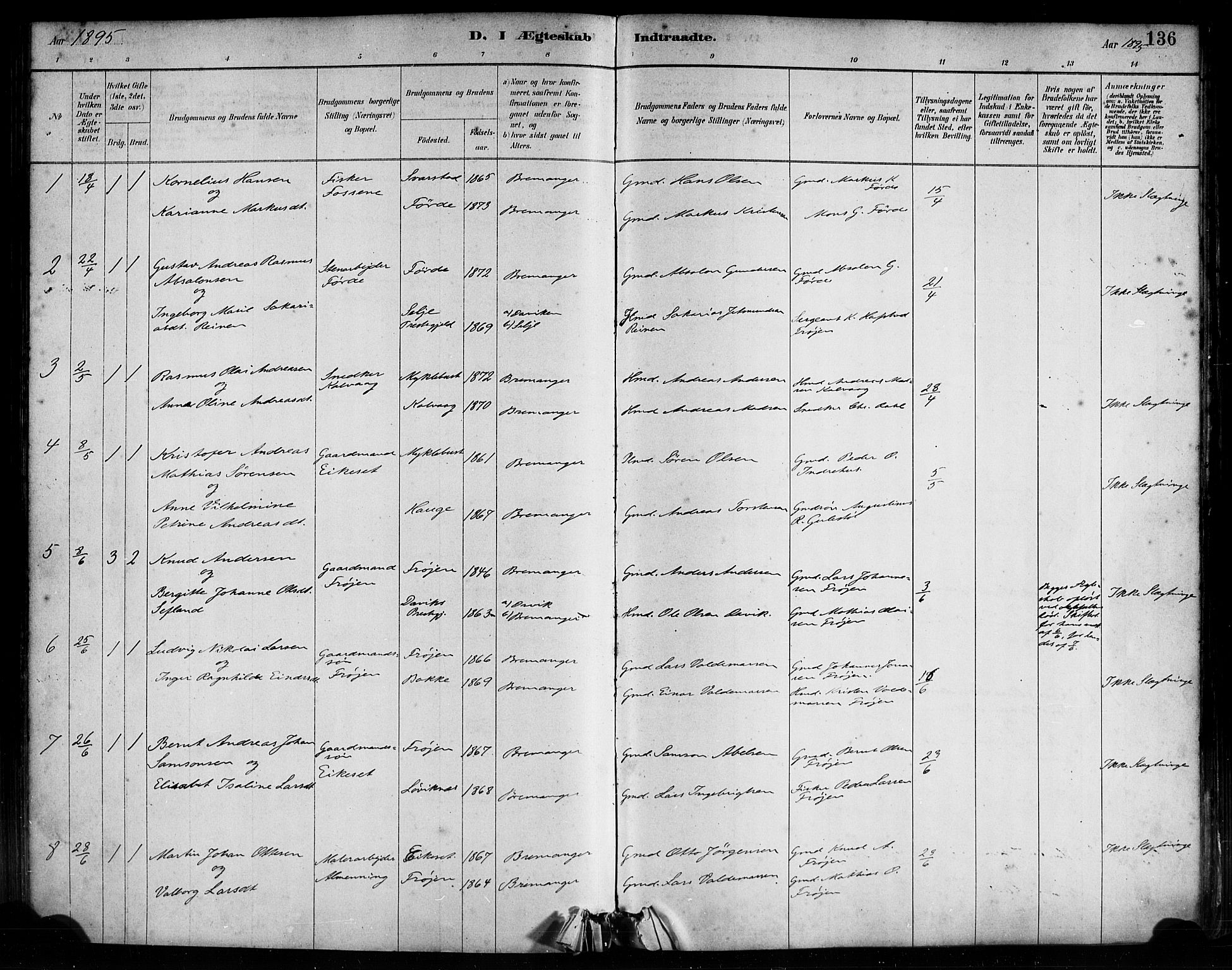 Bremanger sokneprestembete, SAB/A-82201/H/Haa/Haab/L0001: Parish register (official) no. B 1, 1884-1895, p. 136