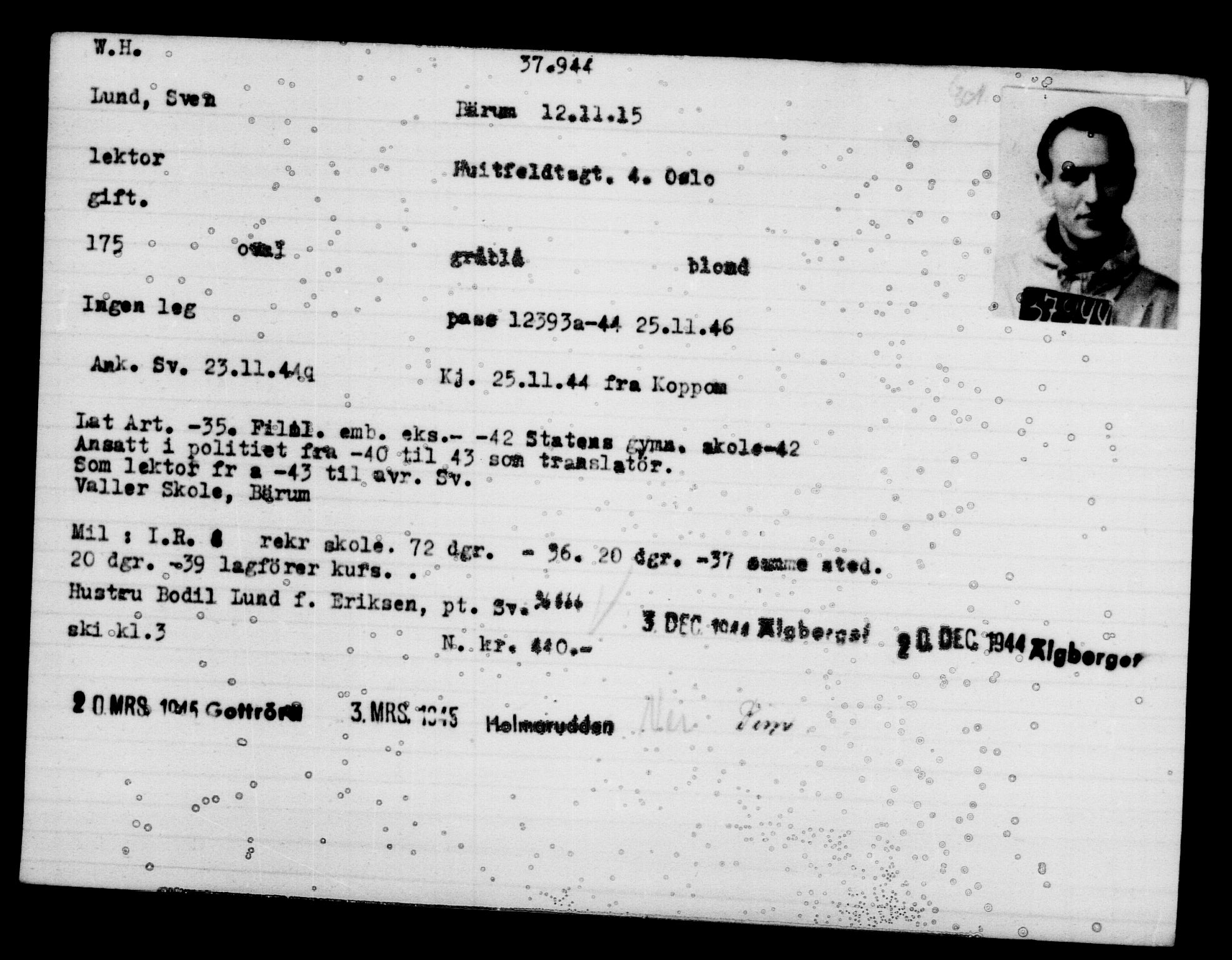 Utenriksstasjonene, Legasjonen i Stockholm, Flyktningkontoret, AV/RA-S-6753/V/Va/L0015: Kjesäterkartoteket, flyktninger med registreringsnr. 37800-40770, 1940-1945, p. 147