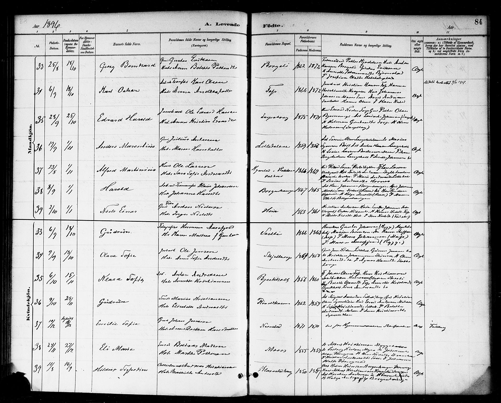Skjeberg prestekontor Kirkebøker, AV/SAO-A-10923/F/Fa/L0009: Parish register (official) no. I 9, 1886-1897, p. 84