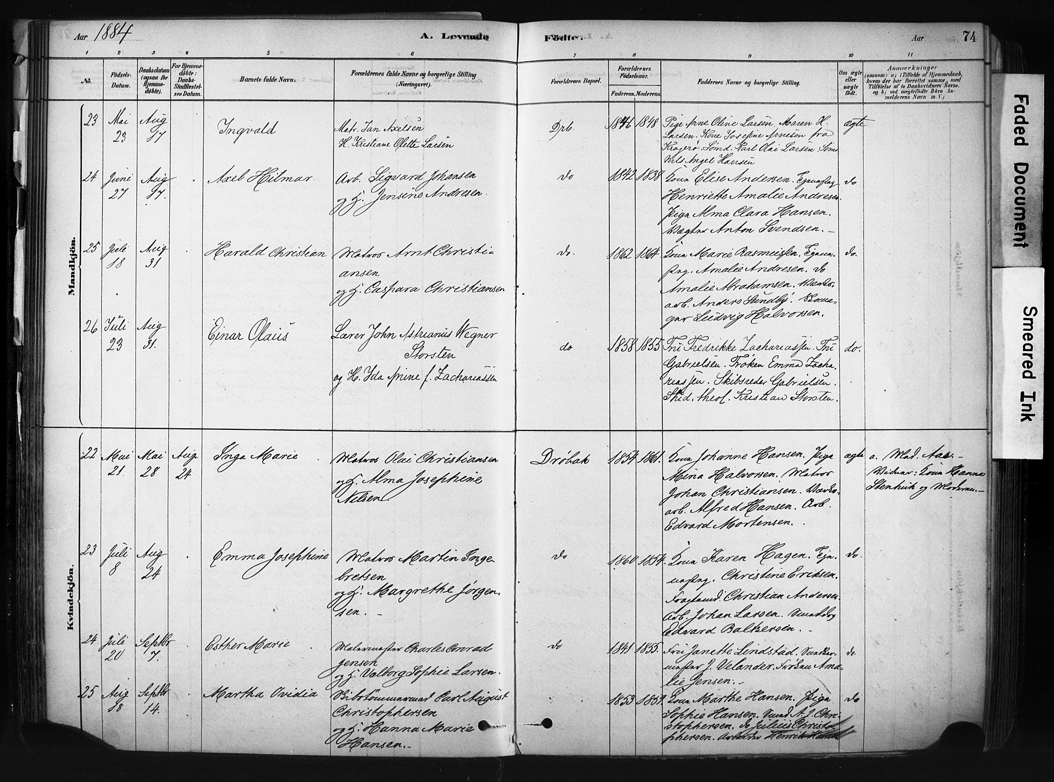 Drøbak prestekontor Kirkebøker, AV/SAO-A-10142a/F/Fb/L0001: Parish register (official) no. II 1, 1878-1891, p. 74