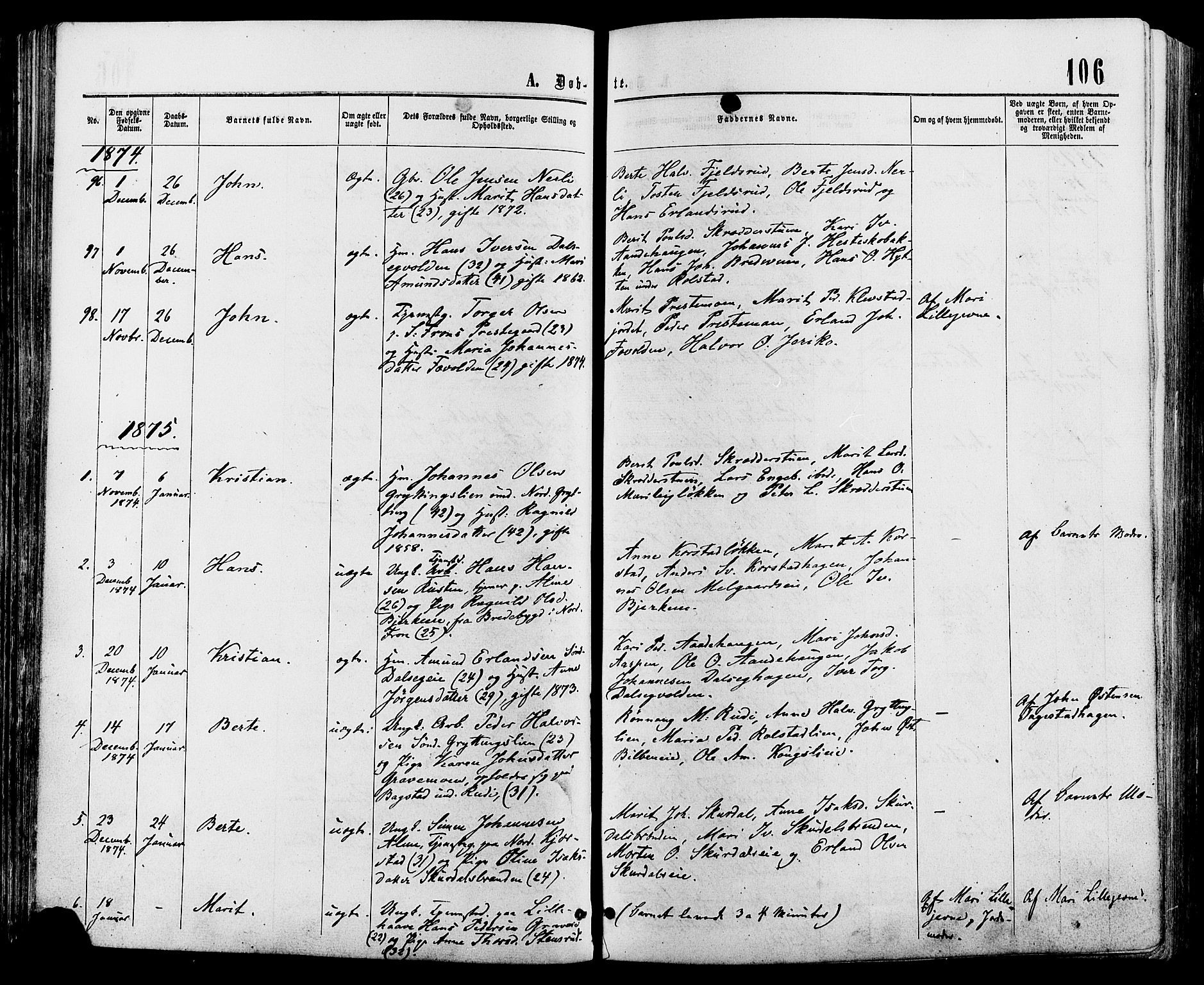 Sør-Fron prestekontor, SAH/PREST-010/H/Ha/Haa/L0002: Parish register (official) no. 2, 1864-1880, p. 106
