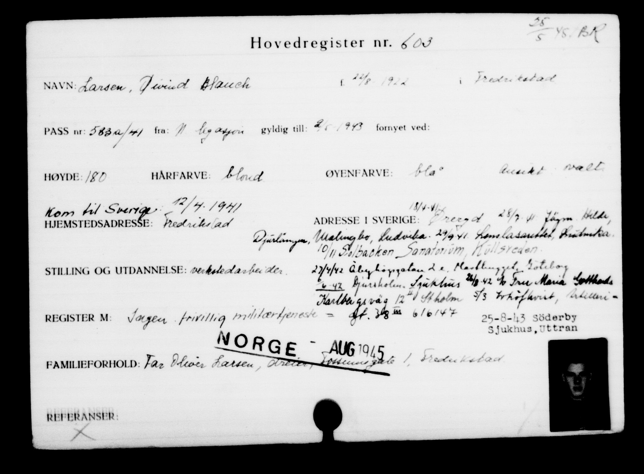 Utenriksstasjonene, Legasjonen i Stockholm, Flyktningkontoret, AV/RA-S-6753/V/Va/L0001: Kjesäterkartoteket, flyktninger med registreringsnr. 1-1000, 1940-1945, p. 943