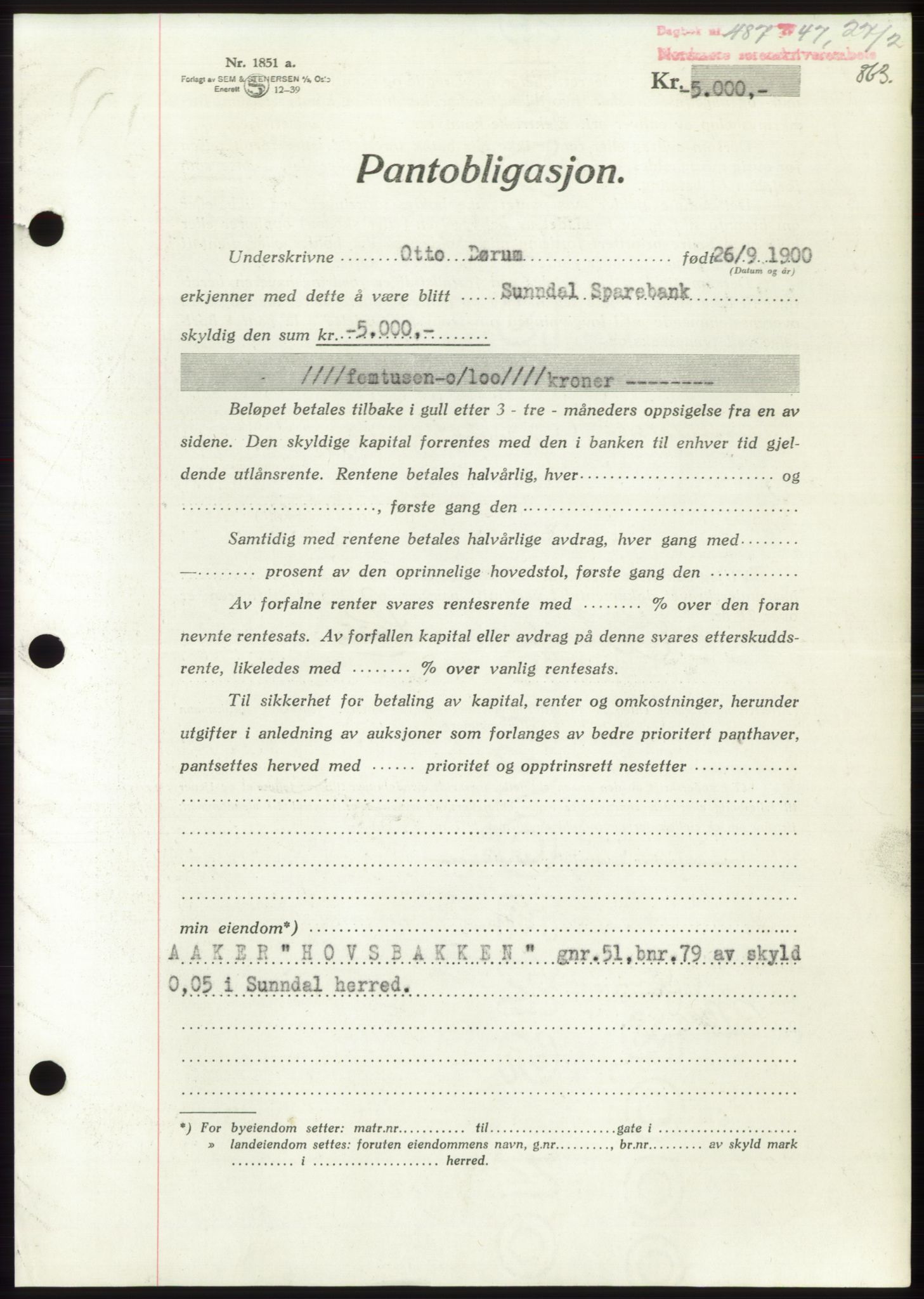 Nordmøre sorenskriveri, AV/SAT-A-4132/1/2/2Ca: Mortgage book no. B95, 1946-1947, Diary no: : 487/1947