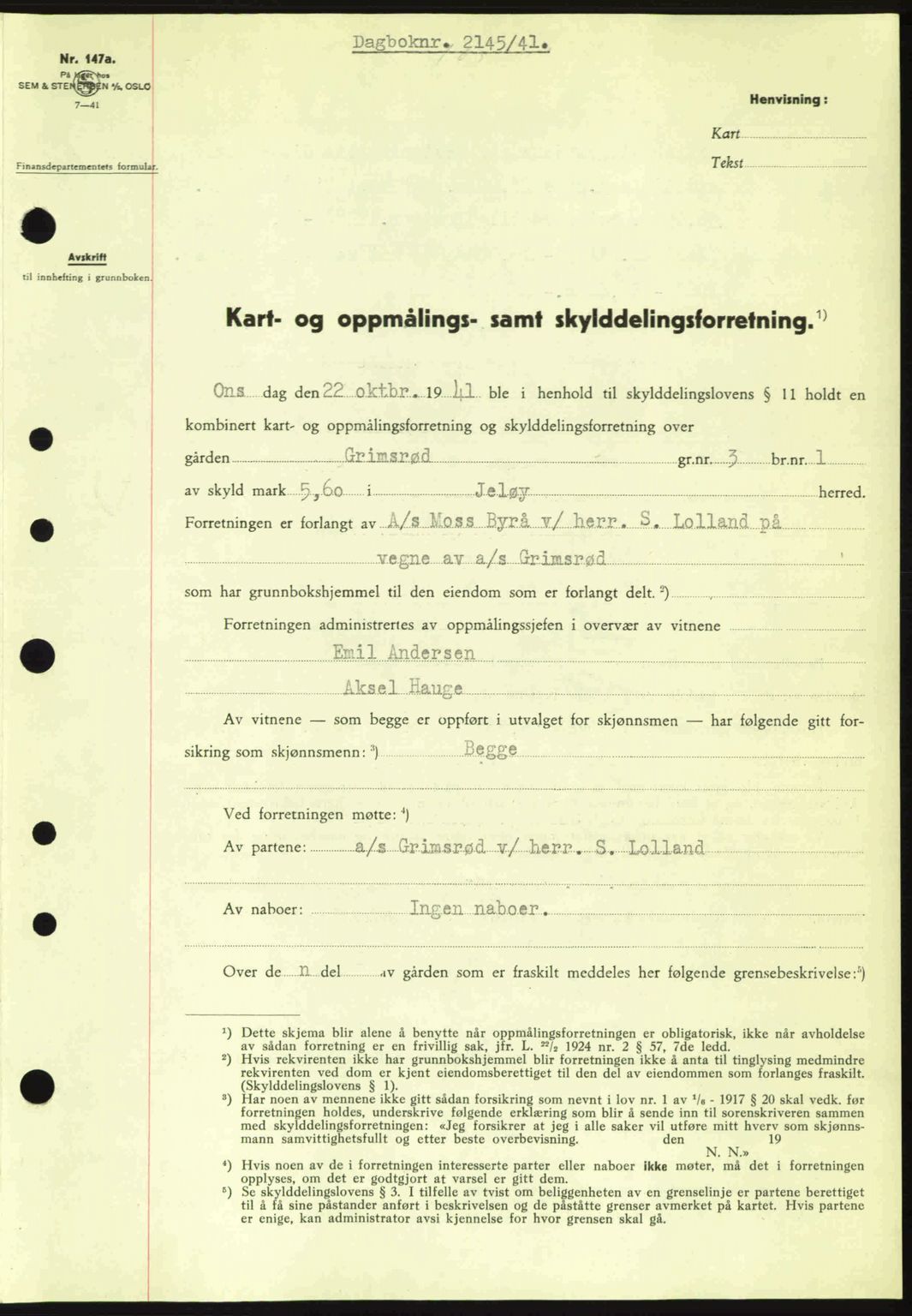 Moss sorenskriveri, SAO/A-10168: Mortgage book no. A9, 1941-1942, Diary no: : 2145/1941