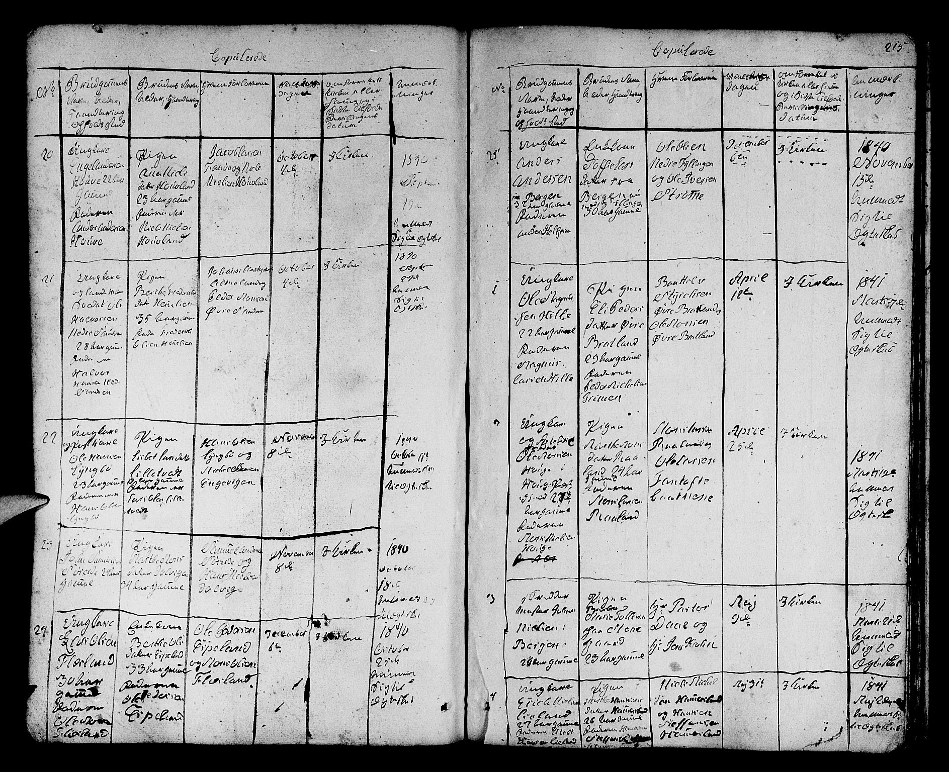 Fana Sokneprestembete, SAB/A-75101/H/Hab/Habb/L0001: Parish register (copy) no. B 1, 1837-1855, p. 215