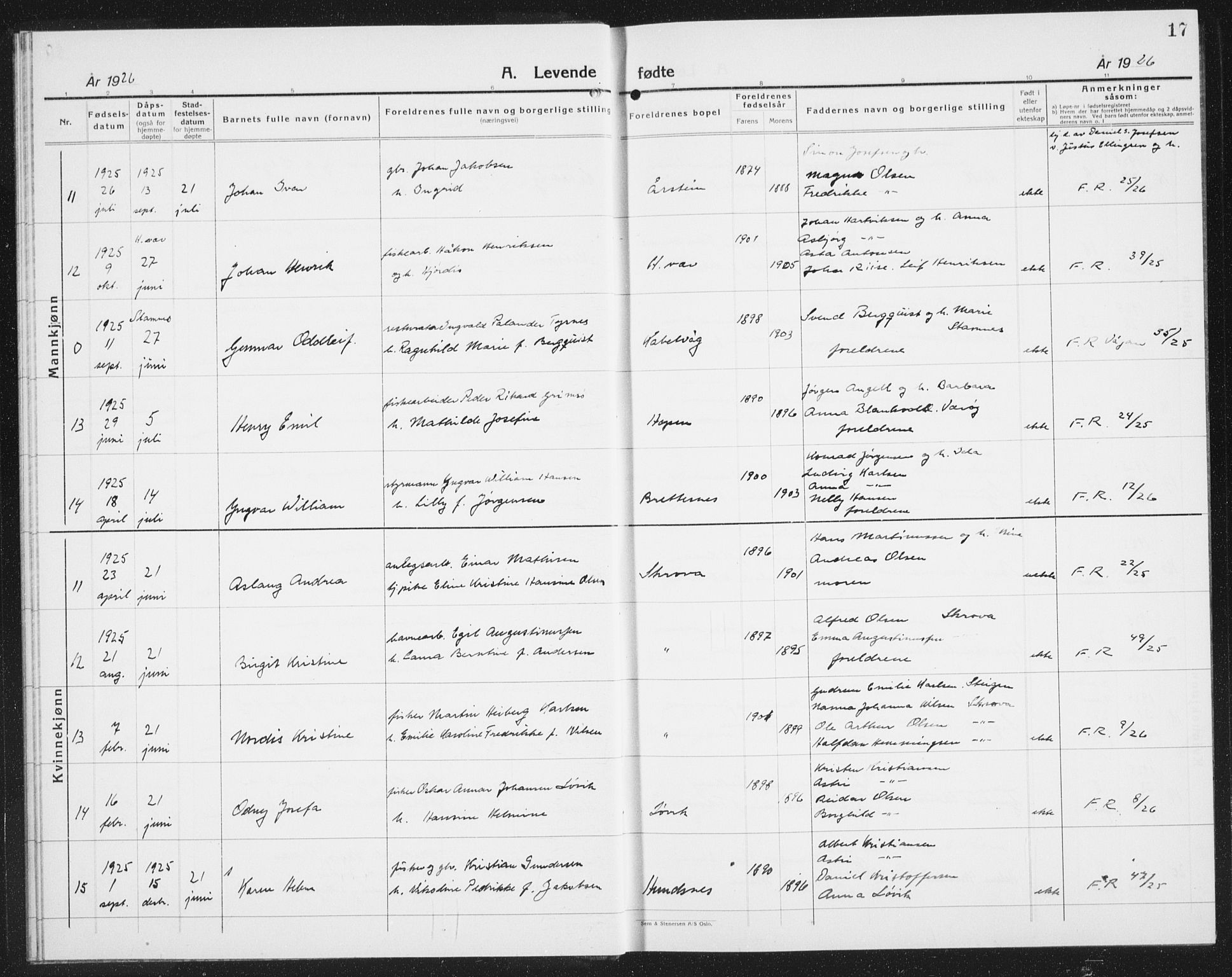 Ministerialprotokoller, klokkerbøker og fødselsregistre - Nordland, AV/SAT-A-1459/874/L1081: Parish register (copy) no. 874C10, 1925-1941, p. 17