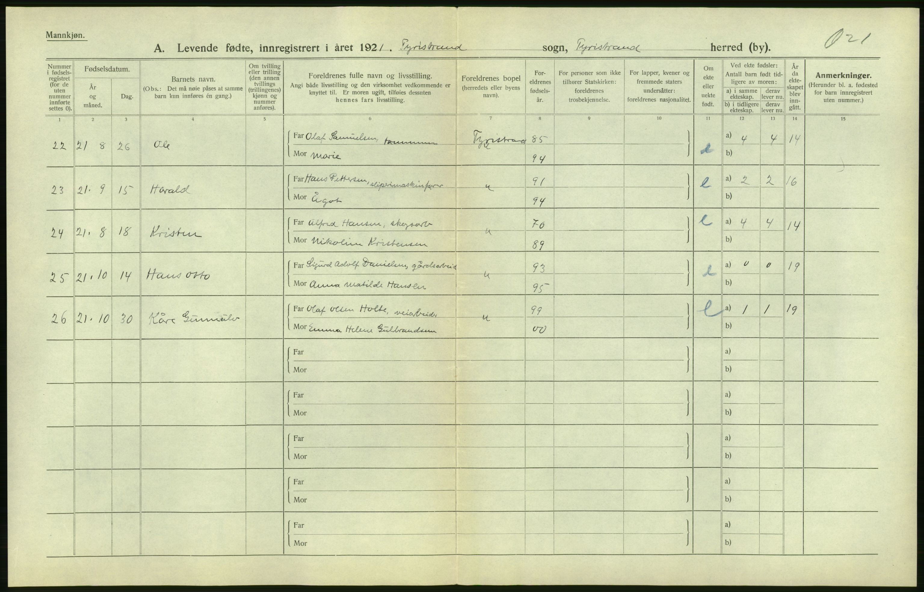 Statistisk sentralbyrå, Sosiodemografiske emner, Befolkning, AV/RA-S-2228/D/Df/Dfc/Dfca/L0018: Buskerud fylke: Levendefødte menn og kvinner. Bygder., 1921, p. 8