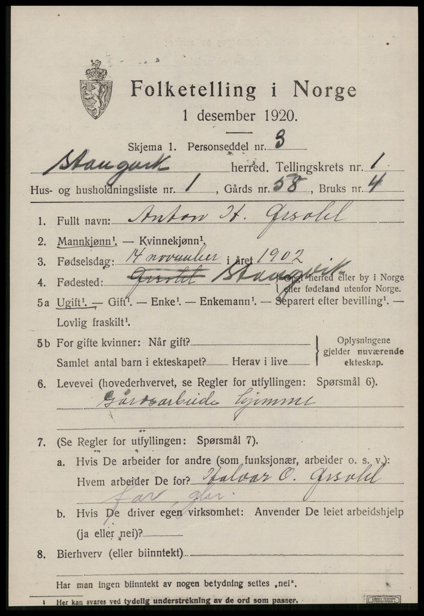 SAT, 1920 census for Stangvik, 1920, p. 772