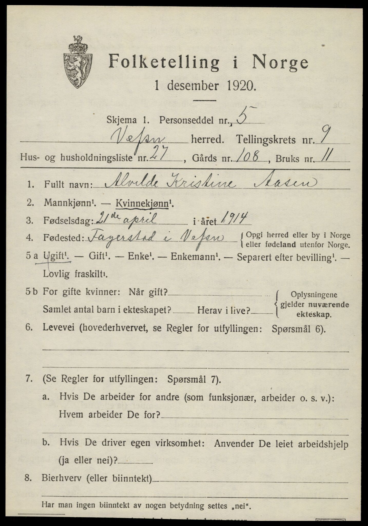 SAT, 1920 census for Vefsn, 1920, p. 6037