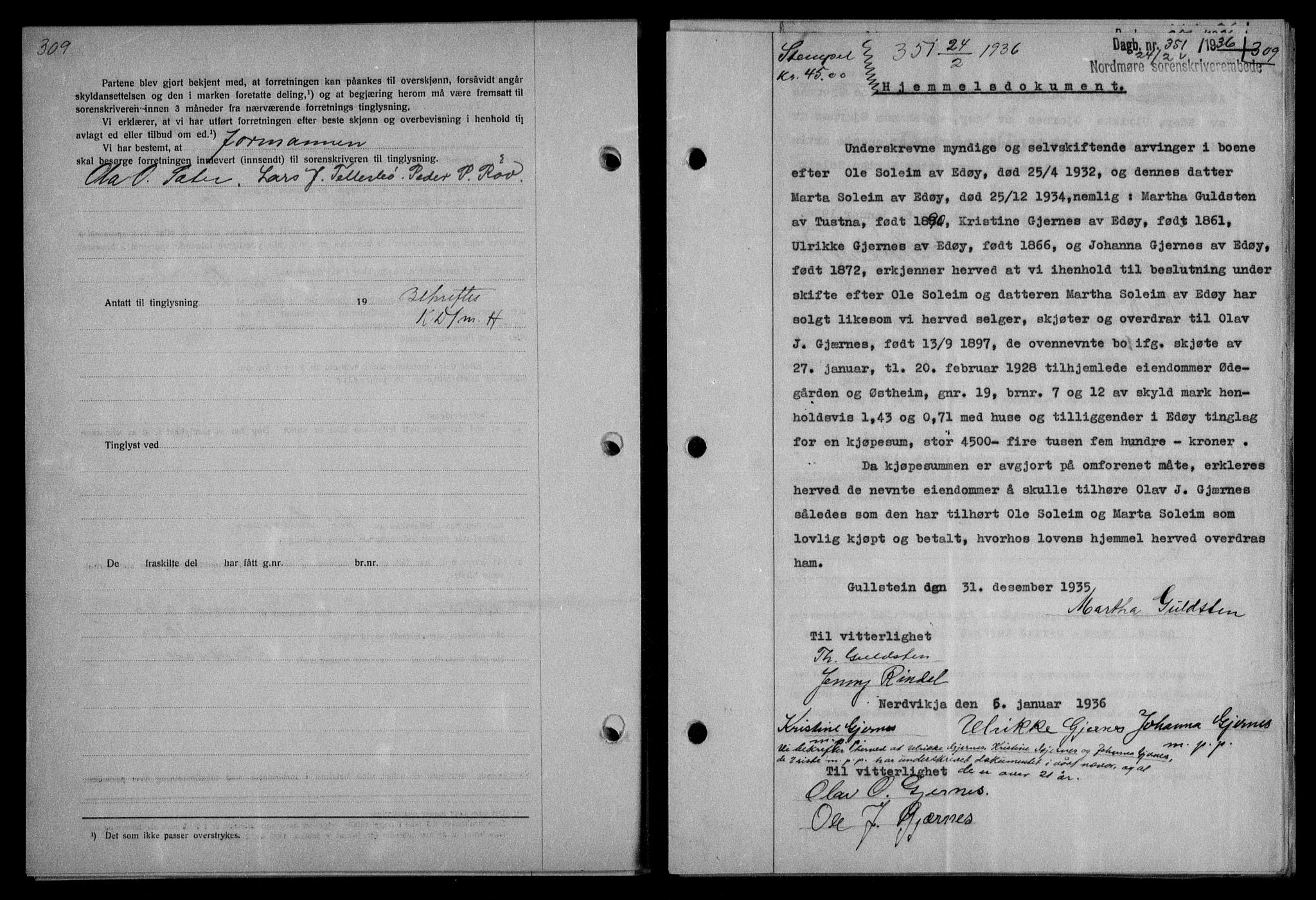 Nordmøre sorenskriveri, AV/SAT-A-4132/1/2/2Ca/L0087: Mortgage book no. 77, 1935-1936, Deed date: 24.02.1936
