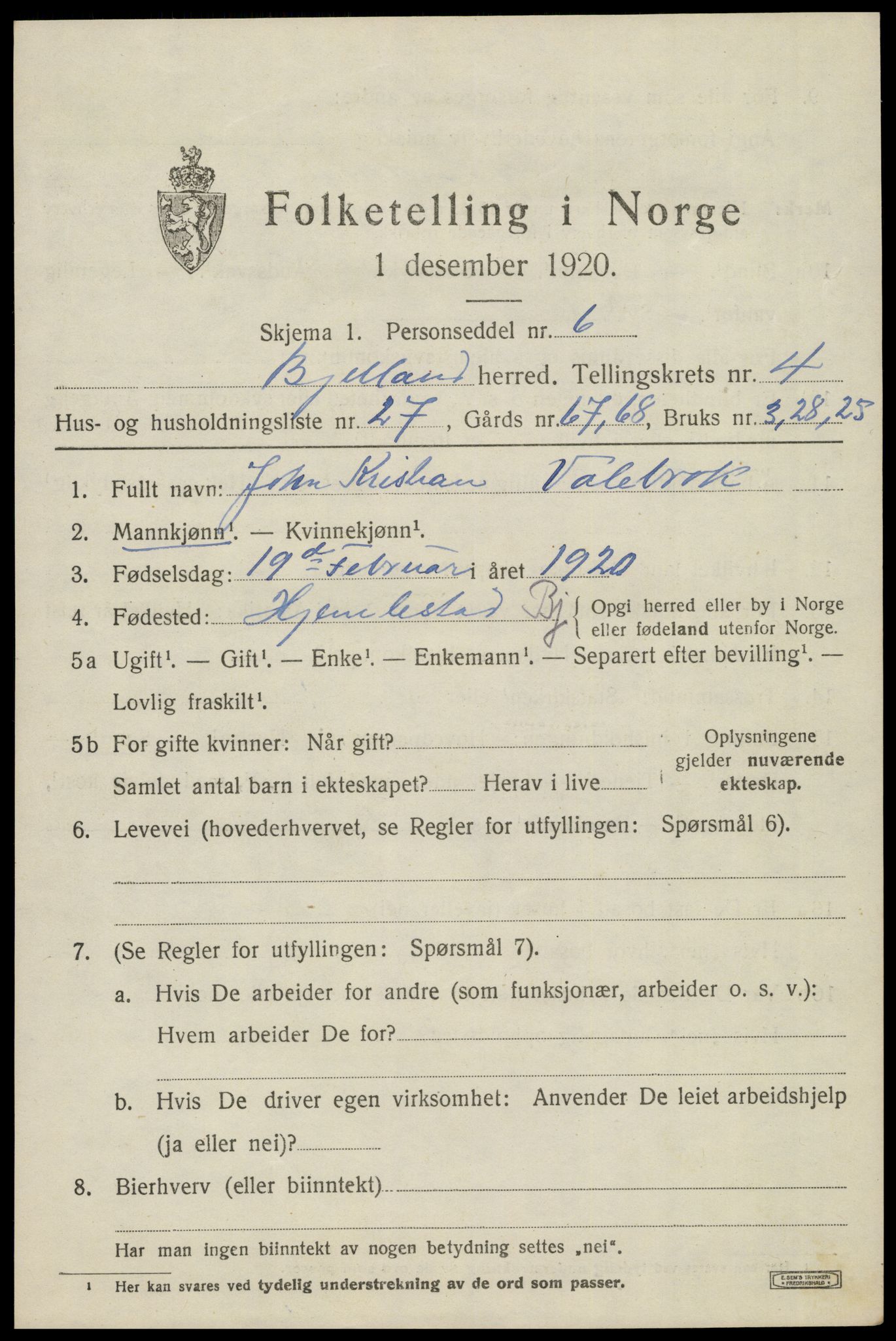 SAK, 1920 census for Bjelland, 1920, p. 1471