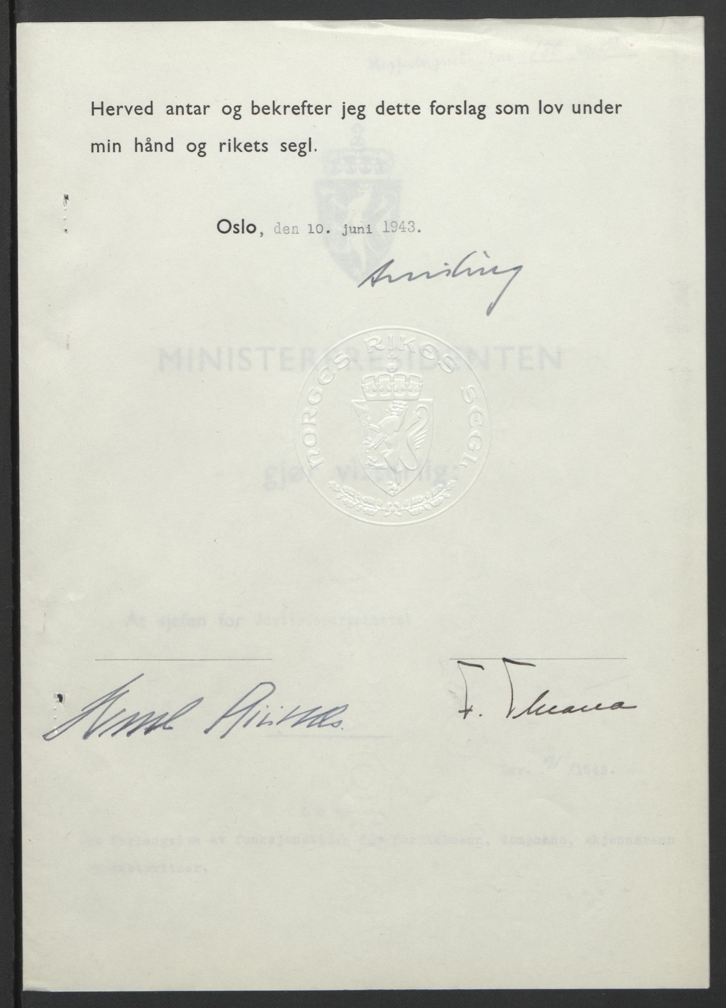 NS-administrasjonen 1940-1945 (Statsrådsekretariatet, de kommisariske statsråder mm), RA/S-4279/D/Db/L0099: Lover, 1943, p. 416