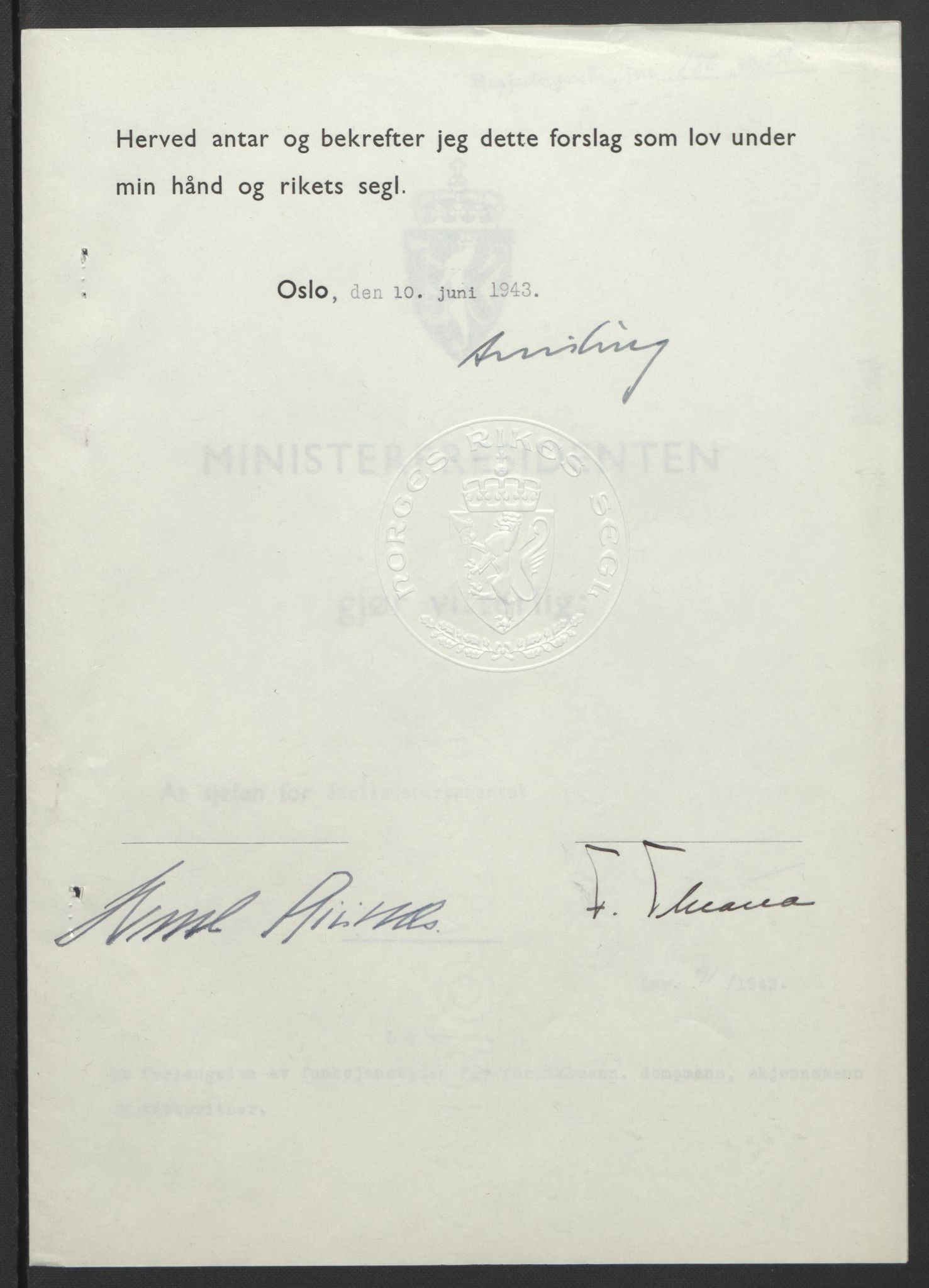 NS-administrasjonen 1940-1945 (Statsrådsekretariatet, de kommisariske statsråder mm), AV/RA-S-4279/D/Db/L0099: Lover, 1943, p. 416