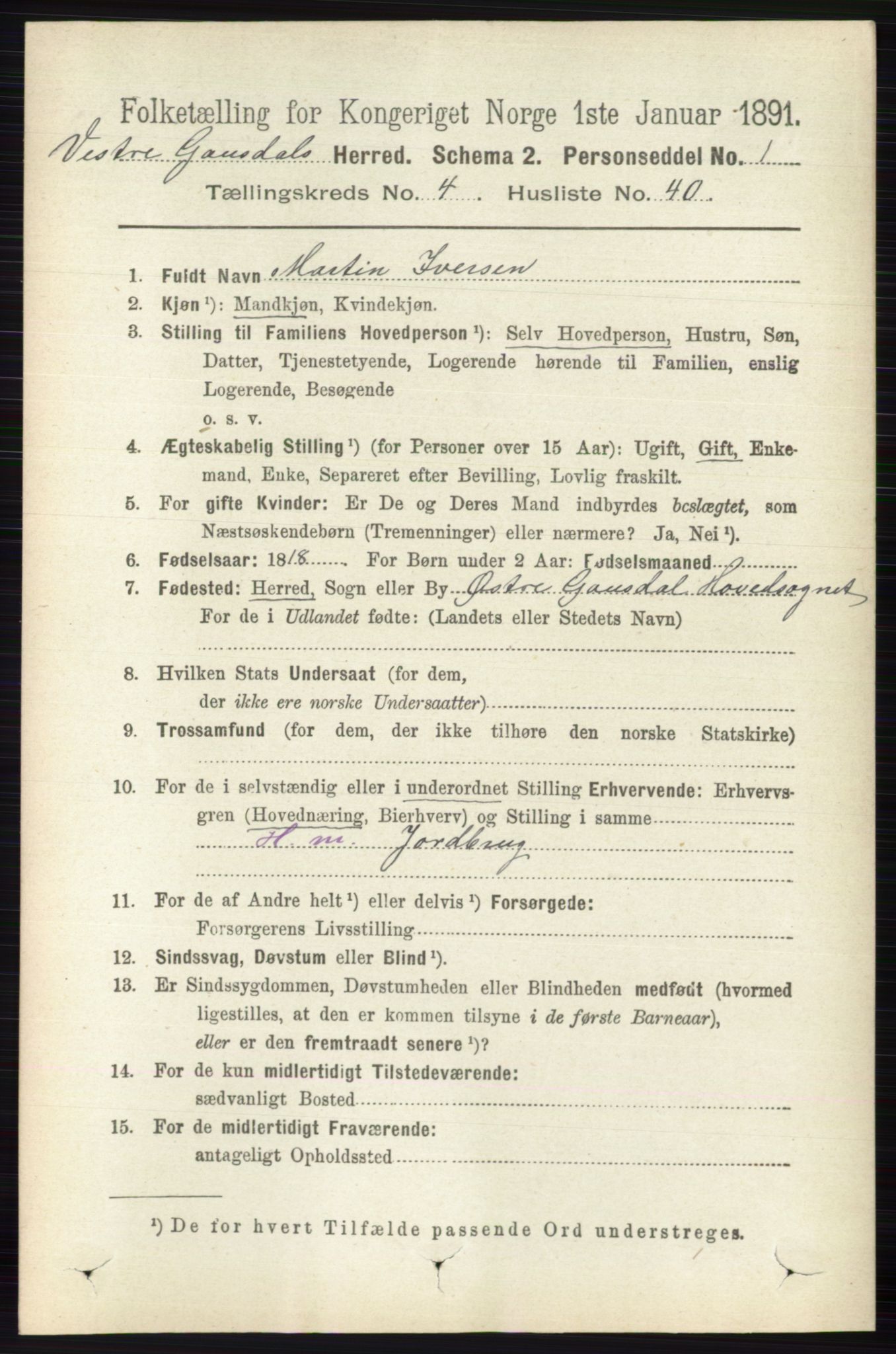 RA, 1891 census for 0523 Vestre Gausdal, 1891, p. 1929