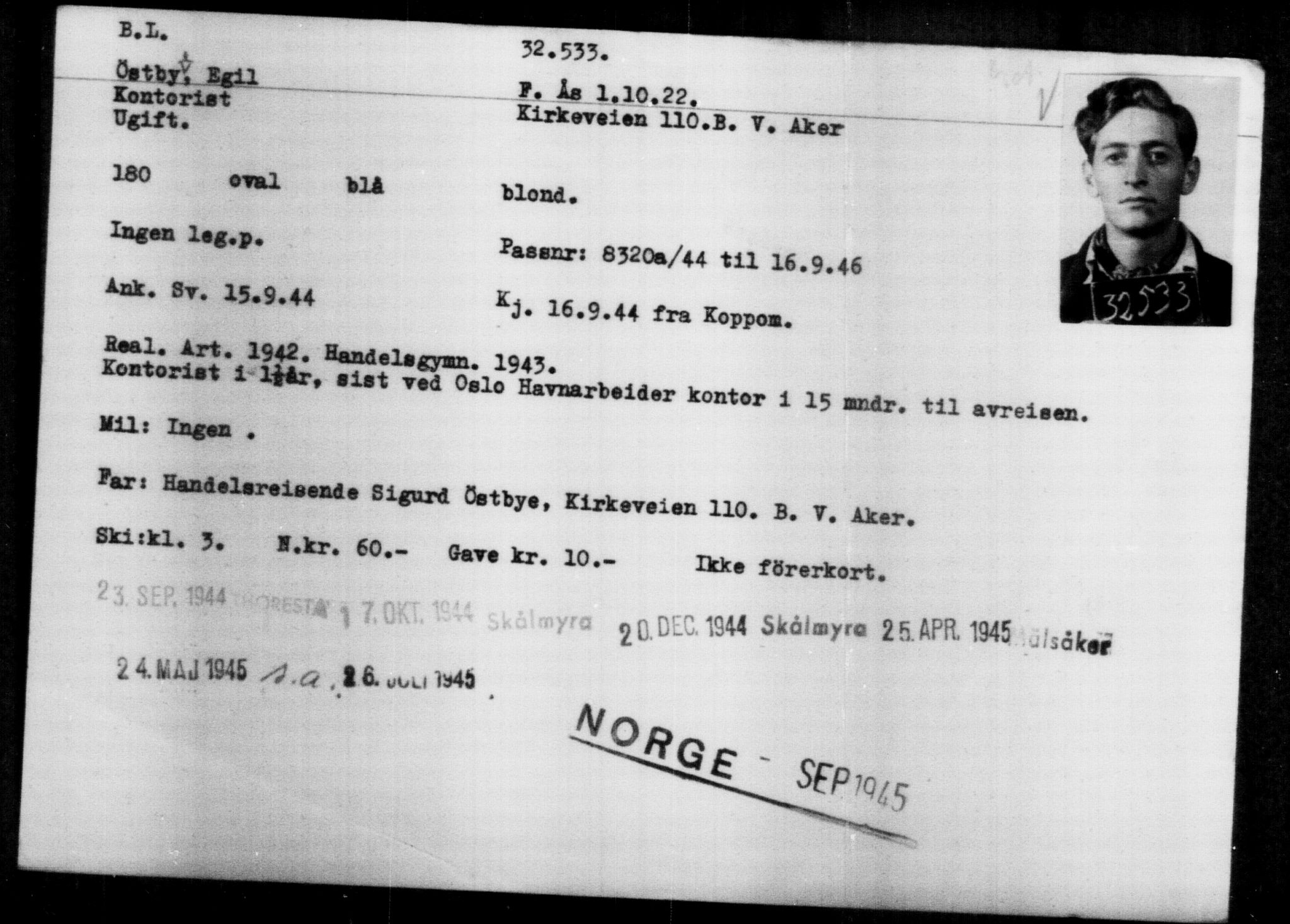Utenriksstasjonene, Legasjonen i Stockholm, Flyktningkontoret, AV/RA-S-6753/V/Va/L0013: Kjesäterkartoteket, flyktninger med registreringsnr. 31500-34731, 1940-1945, p. 1089