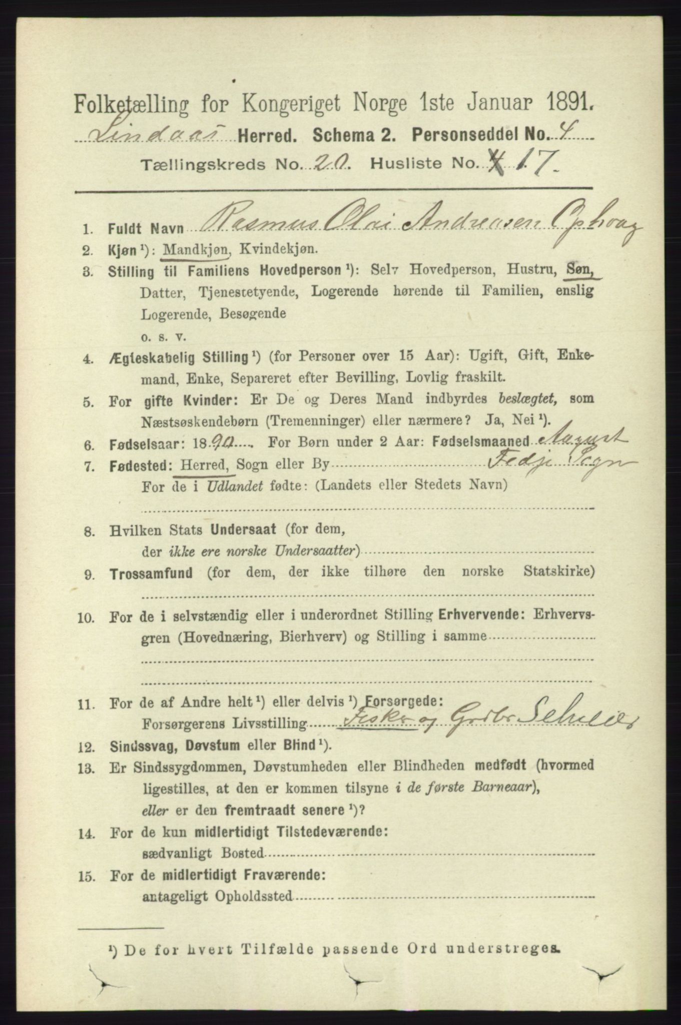 RA, 1891 census for 1263 Lindås, 1891, p. 7453