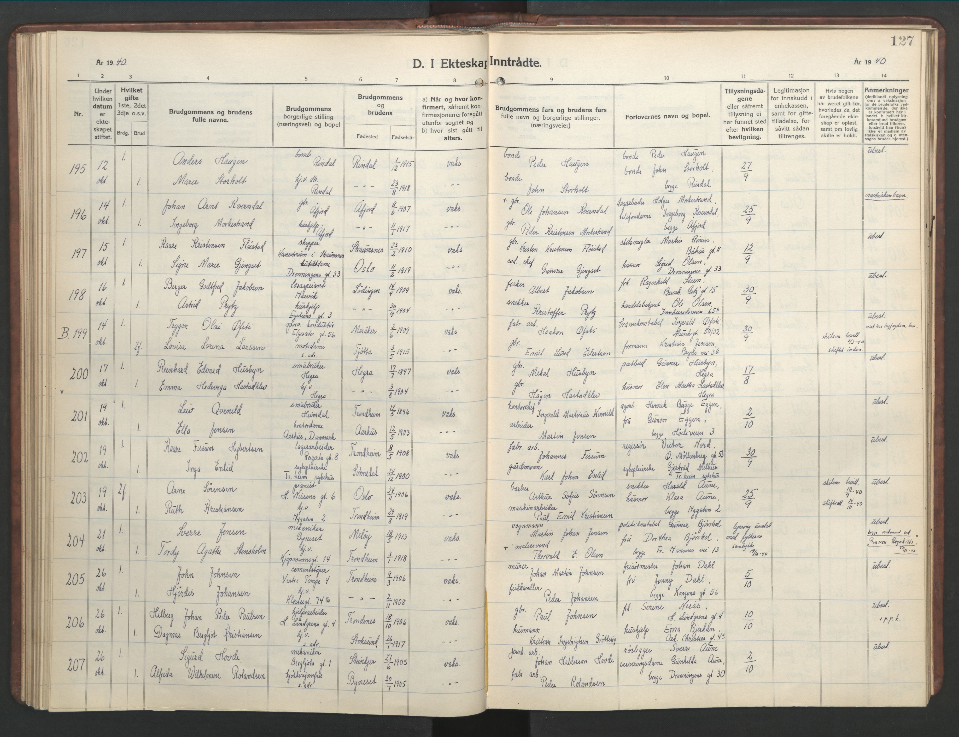 Ministerialprotokoller, klokkerbøker og fødselsregistre - Sør-Trøndelag, SAT/A-1456/601/L0101: Parish register (copy) no. 601C19, 1935-1946, p. 127