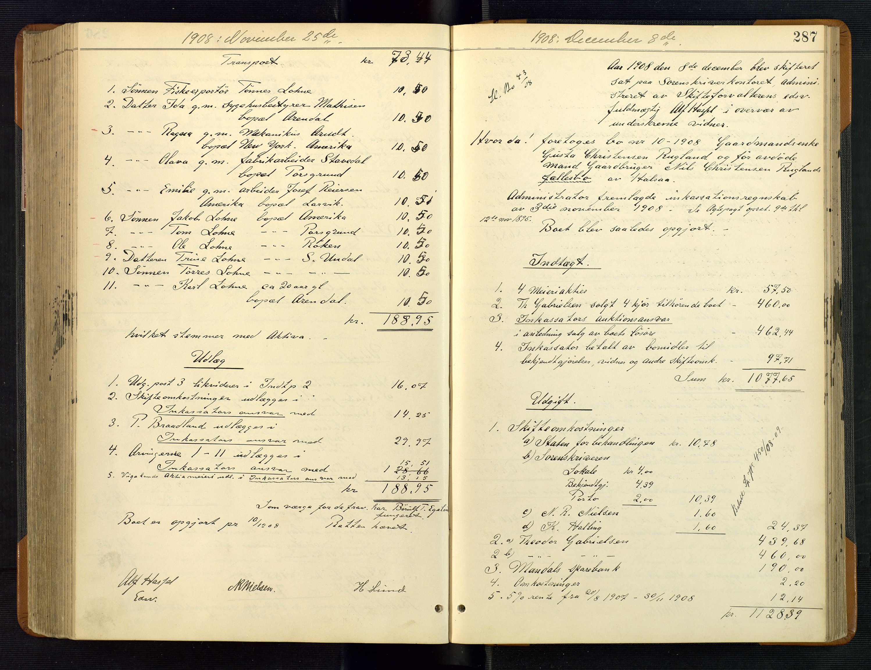 Mandal sorenskriveri, SAK/1221-0005/001/H/Hc/L0097: Skifteutlodningsprotokoll nr 6 med register, 1903-1910, p. 287