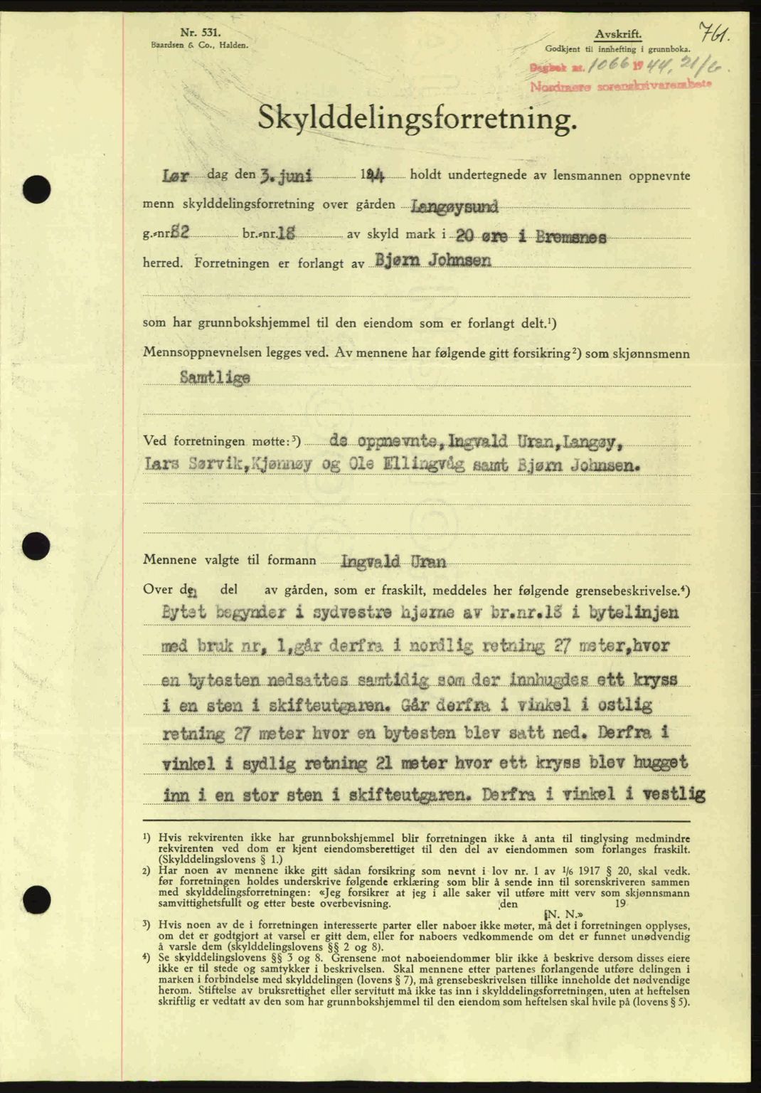 Nordmøre sorenskriveri, AV/SAT-A-4132/1/2/2Ca: Mortgage book no. A97, 1944-1944, Diary no: : 1066/1944