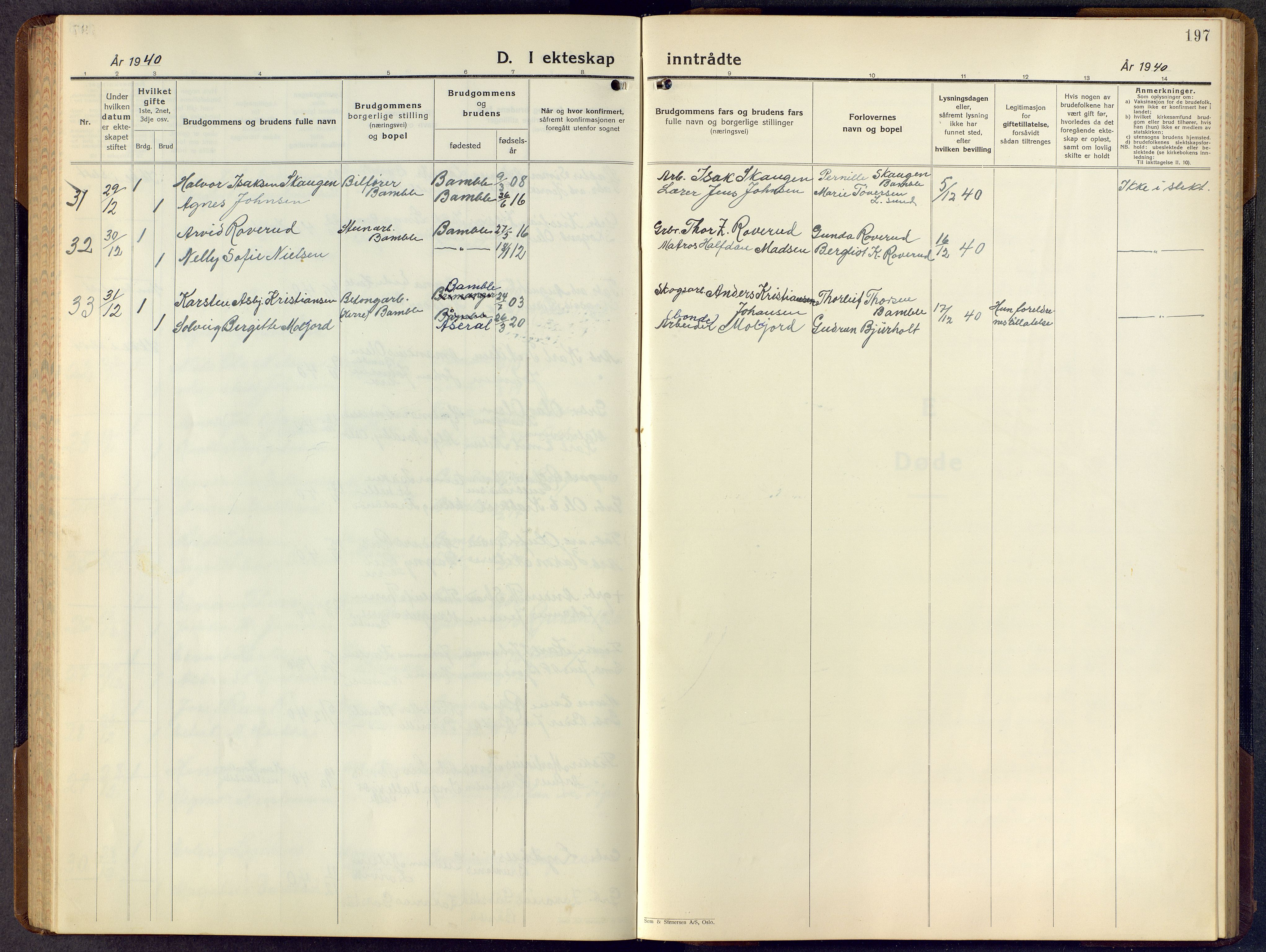 Bamble kirkebøker, AV/SAKO-A-253/G/Ga/L0012: Parish register (copy) no. I 12, 1936-1951, p. 197