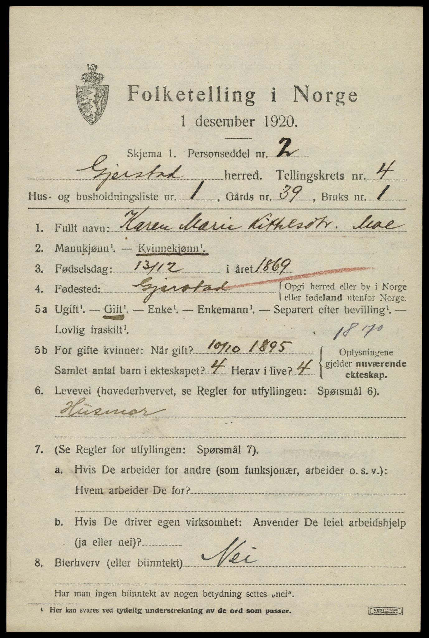 SAK, 1920 census for Gjerstad, 1920, p. 2707