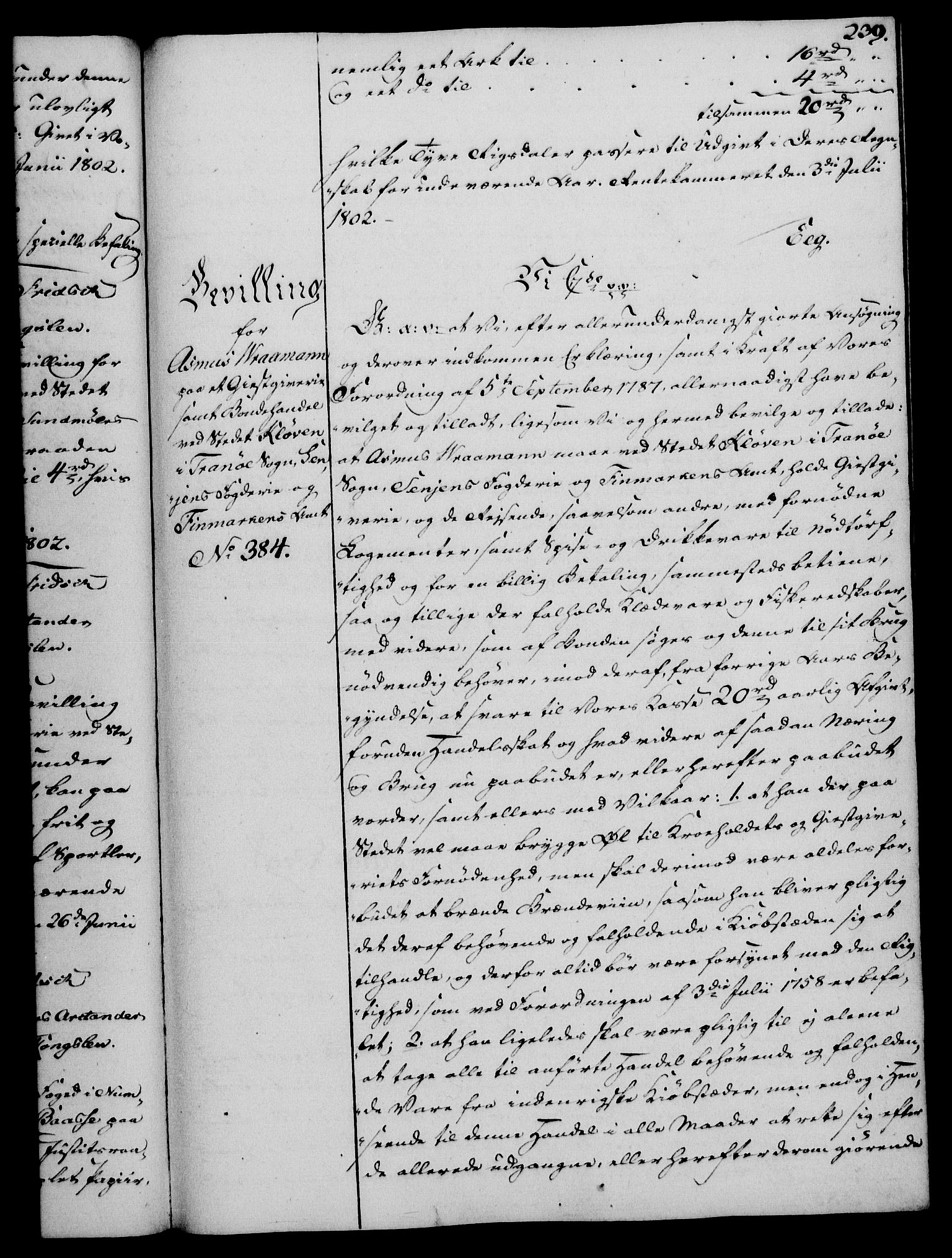 Rentekammeret, Kammerkanselliet, RA/EA-3111/G/Gg/Gga/L0017: Norsk ekspedisjonsprotokoll med register (merket RK 53.17), 1801-1803, p. 239