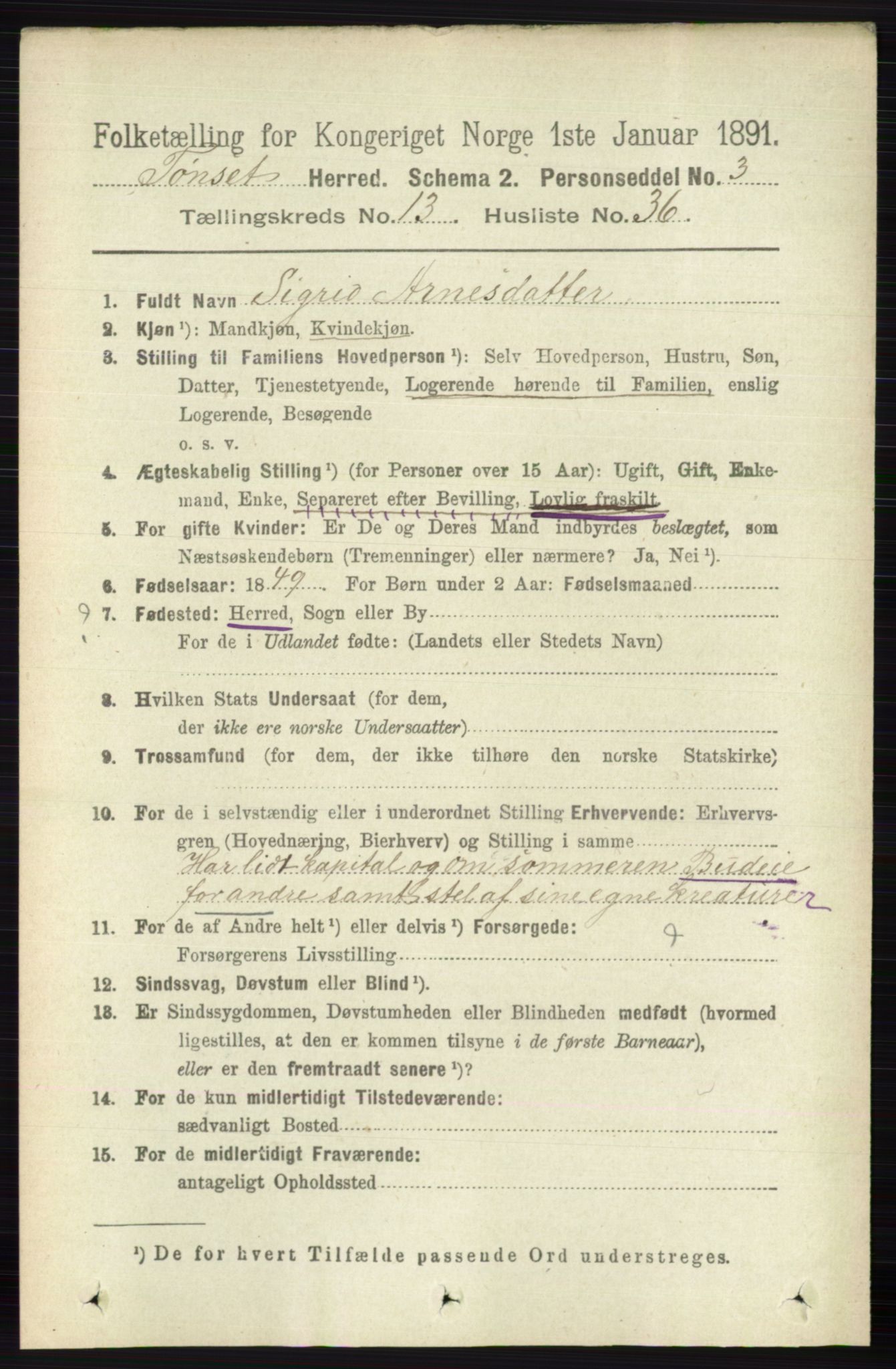 RA, 1891 census for 0437 Tynset, 1891, p. 3697