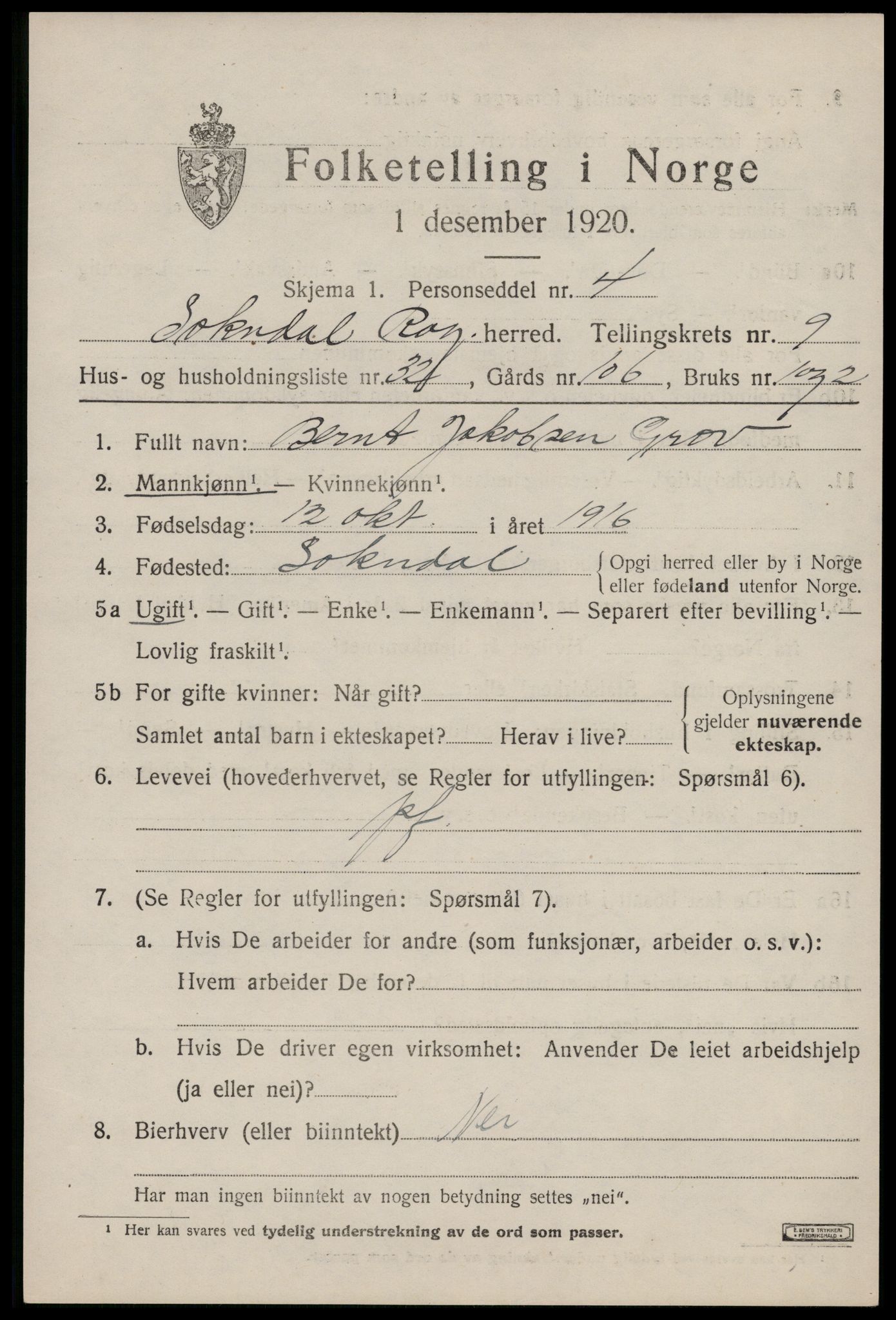 SAST, 1920 census for Sokndal, 1920, p. 5713