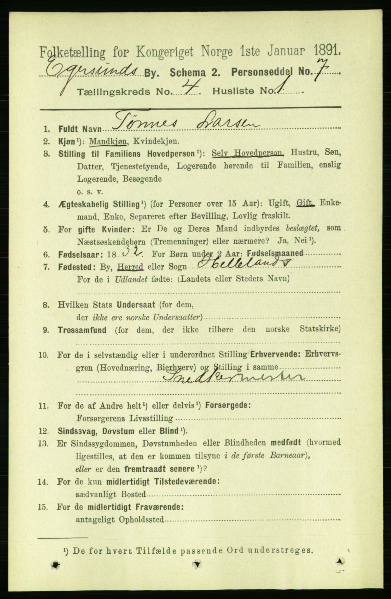 RA, 1891 census for 1101 Egersund, 1891, p. 606